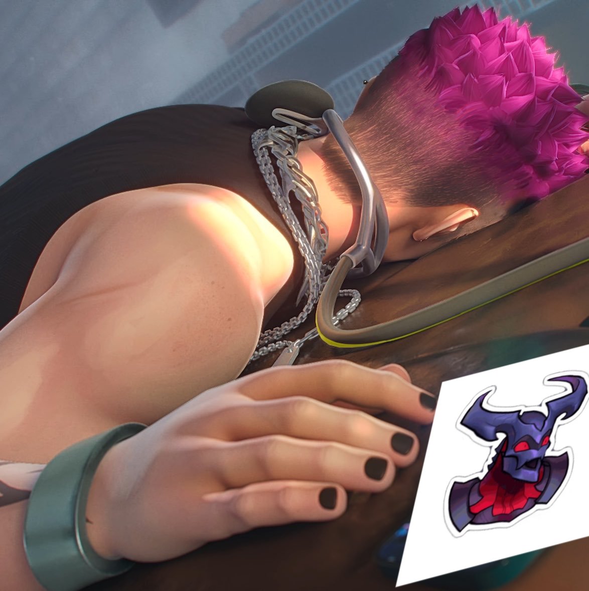 I_am_darkin's tweet photo. I was looking at the picture of Kayn sleeping and it made me realize...
Where the fuck is he sleeping?
Why is there like bathroom tiles in the background??? https://t.co/xnQOQBnD7p