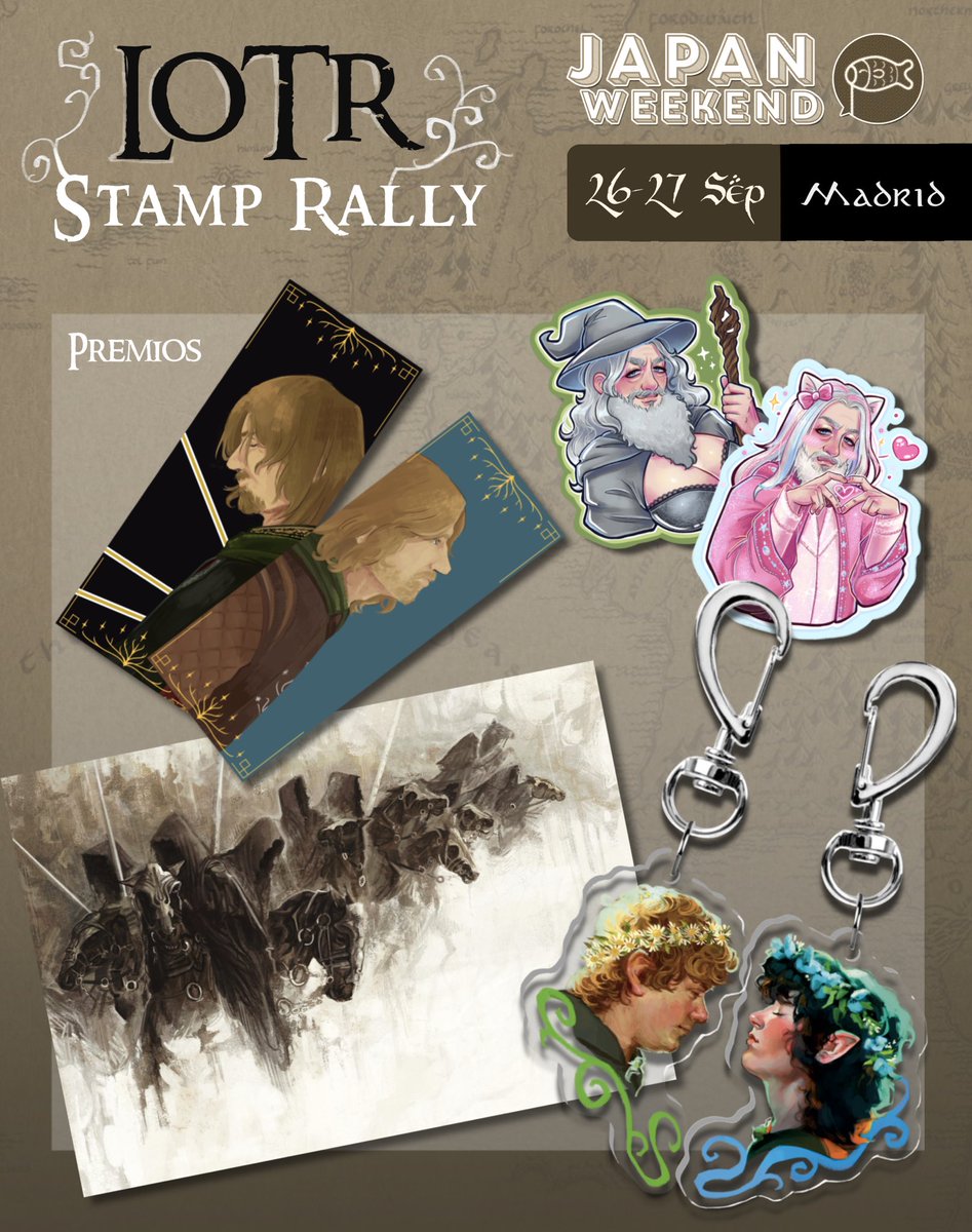 gothelmist's tweet photo. #JWArte LOTR STAMP RALLY🗡️

esta #japanweekendmadrid estaremos llevando a cabo este rally estupendísimo con los siguientes premios:

-marcapáginas (@livifu_)
-pegatinas (@bloodberry_exe)
-llaveros magnéticos (sam: mandarina_art frodo: carmical_art, ambas en IG)
-print a4 (yo!!) https://t.co/VBC0IdAZKz