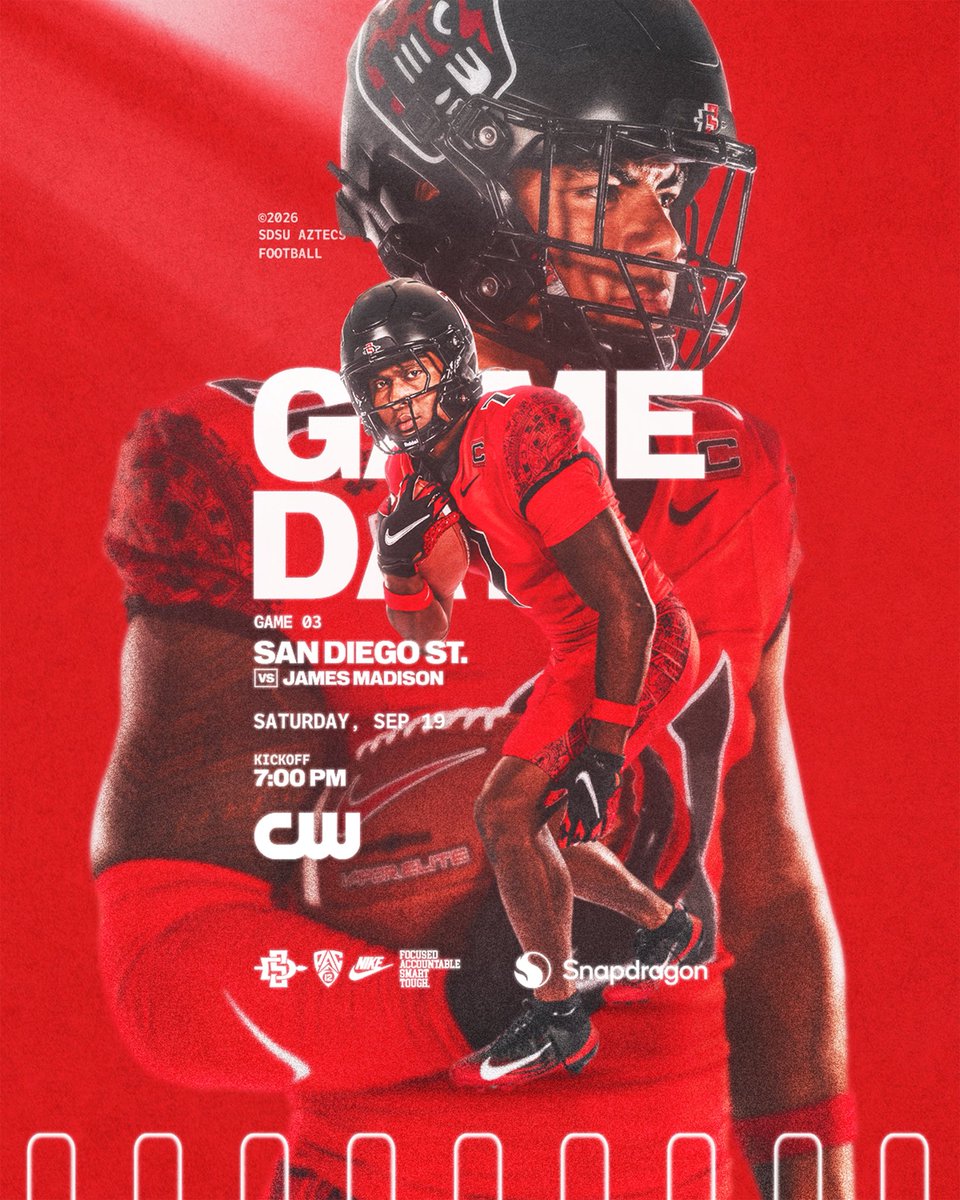 AztecFB's tweet photo. The Age of the Jaguar 🐆🔴

🏈 James Madison
⏰ 7:00pm PT
🏟️ @SnapdragonStdm 
📺 @TheCW_Sports 
📻 @Sports760 

#AgeOfTheJaguar 🐆 x #AztecFAST 🍢 x #BeTheA1pha 🐺 x #TheClimb 📈 https://t.co/F5BiNU1uR5
