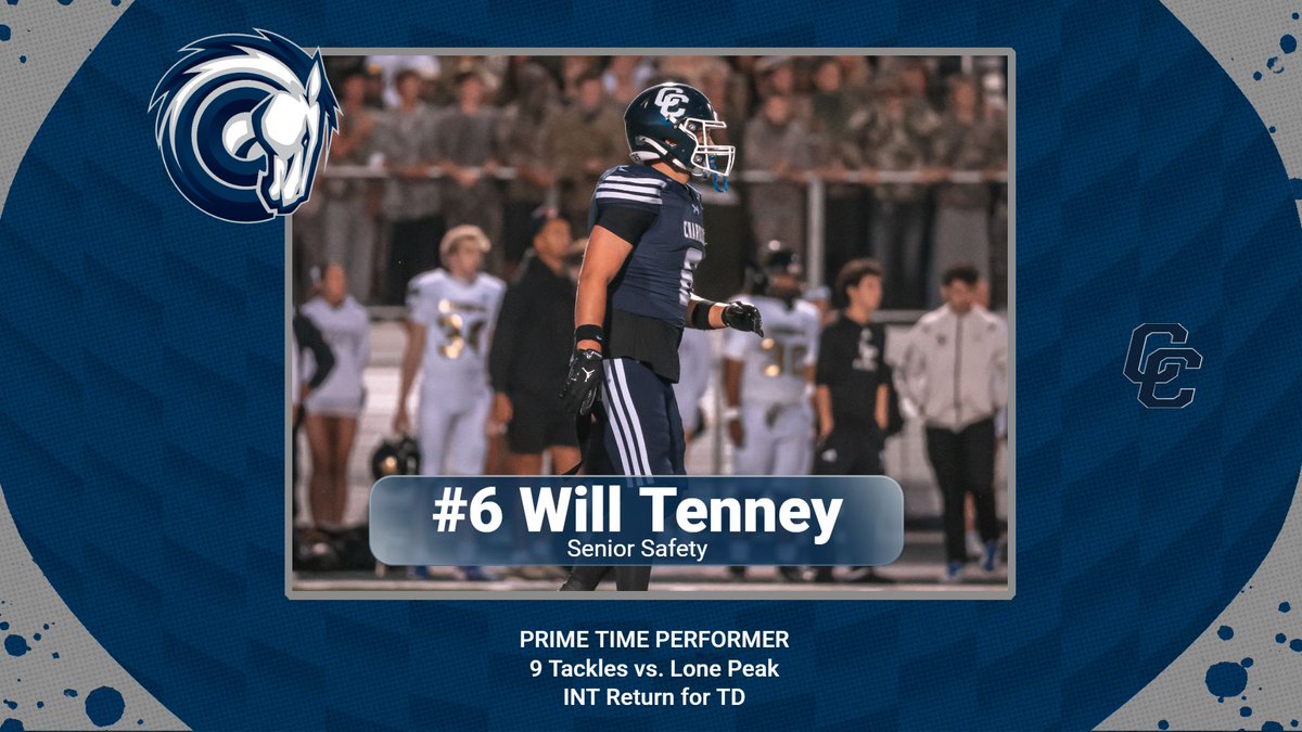 CCHSFOOTBALL_'s tweet photo. Prime Time Performer: Senior Safety @willtenney1 had 9 Tackles &amp; an INT return TD to lead CC on Fri. vs Lone Peak. @HSFBamerica @mjfrecruits @MaxPreps @Zack_Poff_MP @SlingintheP @Frankie_Sutera @ballersinutah @kslsports @247Sports @RivalsHS @tribpreps @usatodayhss @SIAllAmerican https://t.co/0S2c0Tksfh