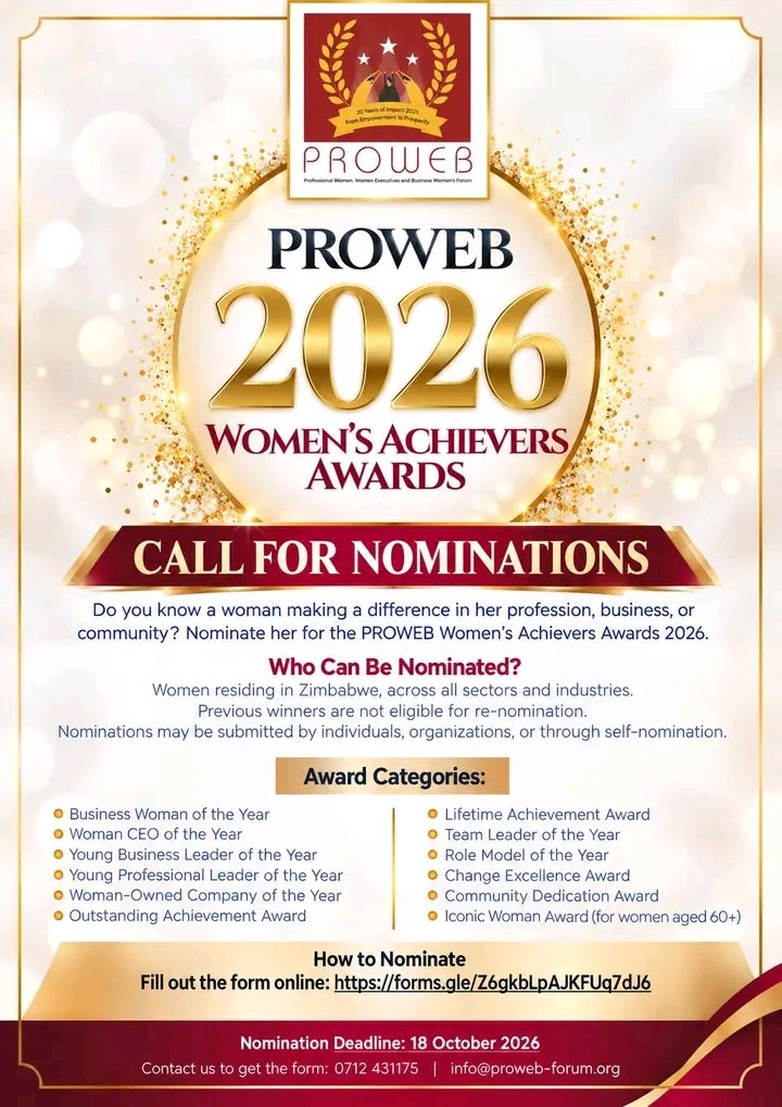PROWEB2005's tweet photo. We are EXCITED to announce that the Call for Nominations is NOW OPEN for the PROWEB Women's Achievers Awards 2026

👉 👉 NOMINATE HERE: https://t.co/6mPu0JjhNZ

+263 712 431 175 | 📧 info@proweb-forum.org
#PROWEBWomenAchieversAwards2026 #CallForNominations #CelebrateHer https://t.co/IQMuP5ojrZ