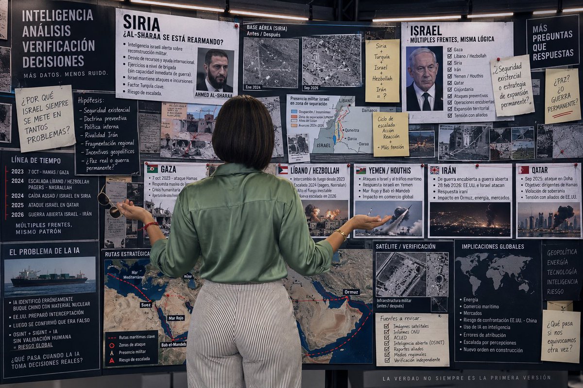 yelandra's tweet photo. #VerifiedIntelligence #IntelligenceAnalysis #OSINT #VerificacionDeDatos #inteligenciaestrategica

🚨 SIRIA + ISRAEL + IA: EL PELIGRO TAMBIÉN ESTÁ EN CÓMO INTERPRETAMOS LA INFORMACIÓN

🇸🇾 FACT: Israel alerta sobre un supuesto rearme de Ahmed al-Sharaa, pero la propia evaluación reconoce que las fuerzas sirias aún no tienen alta capacidad operacional. 

🇮🇱 FACT: Israel mantiene operaciones y presión militar sobre Siria, mientras Damasco intenta reconstruir sus instituciones y fuerzas armadas. 

🇹🇷 FACT: Turquía es otra pieza crítica. Washington busca mecanismos para evitar una confrontación entre intereses israelíes, turcos y sirios. 

🇷🇺 FACT: Rusia tampoco salió del tablero. Moscú acaba de reabastecer Tartus y Hmeimim bajo su nuevo acuerdo con Damasco. 

🤖 Y aquí aparece otra alerta: un informe de inteligencia estadounidense, elaborado con ayuda de IA, identificó erróneamente la carga de un buque chino como vinculada a un programa nuclear. Se preparó una posible interceptación antes de detectar el error. 

🎯 La lección de inteligencia:

La información no puede llegar a la decisión sin pasar por verificación, contraste y depuración.

Porque cuando la narrativa sustituye al dato, la percepción puede convertirse en amenaza; y una amenaza mal interpretada puede convertirse en acción.

Importar inteligencia no es acumular información. Es construir una estructura capaz de verificarla SIN NARRATIVAS antes de actuar.

Porque en un tablero con Siria + Israel + Turquía + Irán + Hezbollah + Rusia, un error más puede abrir otro frente… y después descubrir que hay demasiados frentes y ninguna salida.

❓ WHAT IF:
¿Y si el próximo gran conflicto no comienza por falta de información, sino por información mal verificada?
