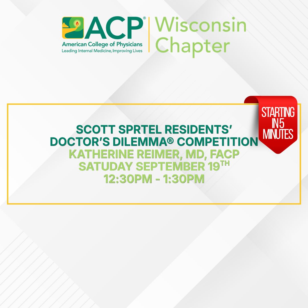 WisconsinACP's tweet photo. Scott Sprtel Residents’ Doctor’s Dilemma® Competition will begin in just 5 minutes!

Grab some pizza and join us from 12:30–1:30 PM to cheer on our residents as they put their clinical knowledge to the test. The competition will be moderated by Katherine Reimer, MD, FACP. https://t.co/41dpWzH6sC