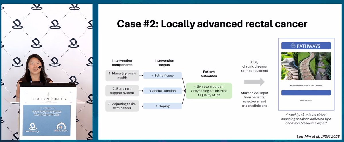 DAVAOnc's tweet photo. Supportive care must match the complexity of multidisciplinary GI oncology. Kelsey Lau-Min of @MassGeneralNews discusses tailored interventions in HCC, rectal cancer, and pancreatic cancer, including ongoing HARMONY and PATHWAYS pilot RCTs. #DAVAGI https://t.co/XU4ypcMU57
