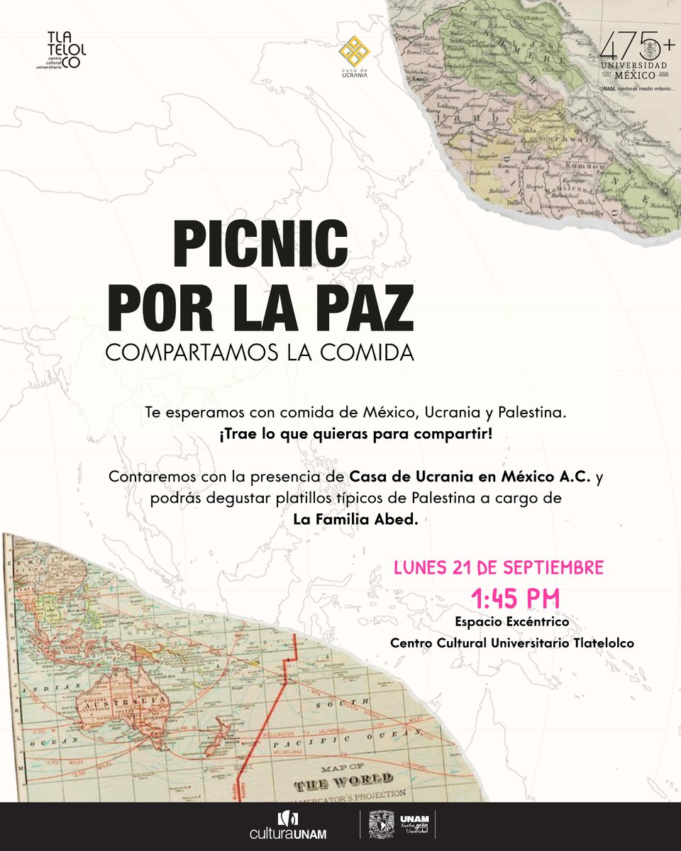 ccutlatelolco's tweet photo. Este lunes 21 de septiembre te invitamos a compartir la comida, las historias y la cultura de México, Ucrania y Palestina.

Trae lo que quieras para compartir y acompáñanos en un encuentro donde la comida se convierte en un puente entre personas y culturas. 🌎🤝

Contaremos con la presencia de Casa de Ucrania en México A.C. y disfrutaremos de platillos típicos de Palestina a cargo de La Familia Abed.

📅 Lunes 21 de septiembre
🕐 1:45 PM
📍 Espacio Excéntrico, Centro Cultural Universitario Tlatelolco

#PicnicPorLaPaz #CompartamosLaComida #CulturaDePaz #Tlatelolco #UNAM #MéxicoUcraniaPalestina #ArteYCultura