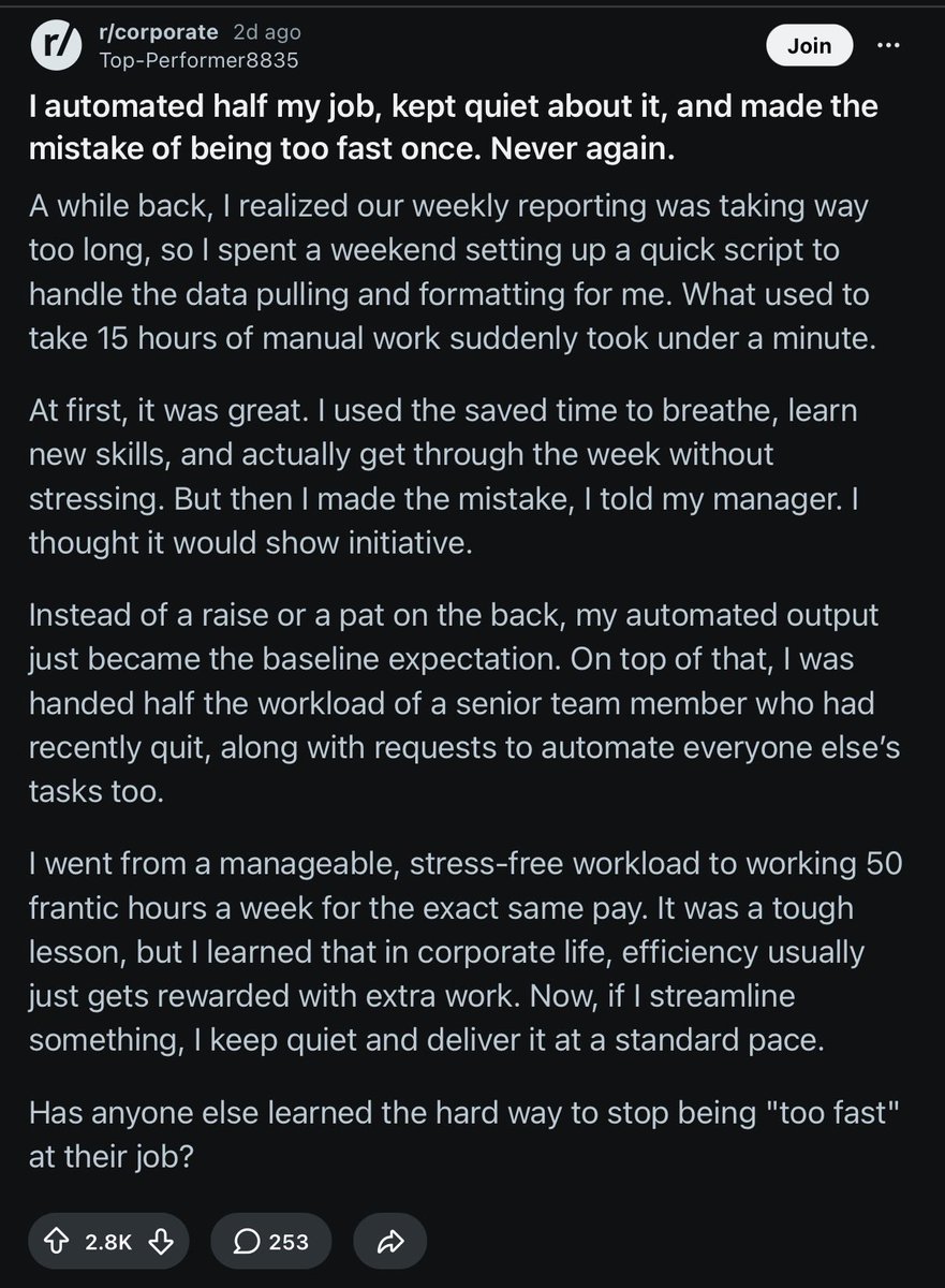 CorpAbsurdity's tweet photo. If you ever find a way to dramatically speed up your work, don’t tell anyone. https://t.co/VMuZ5ZTMRv