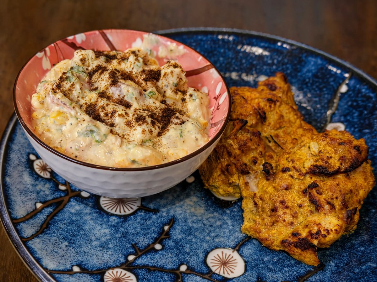 theeclecticchef's tweet photo. I used my 36-hour fermented yoghurt in both the tandoori-style chicken and the potato and roasted corn raita.  It worked out REALLY well. Chicken and corn cooked in the air fryer, too!  https://t.co/UW2FopaUBu https://t.co/1wVtXQ8bq8