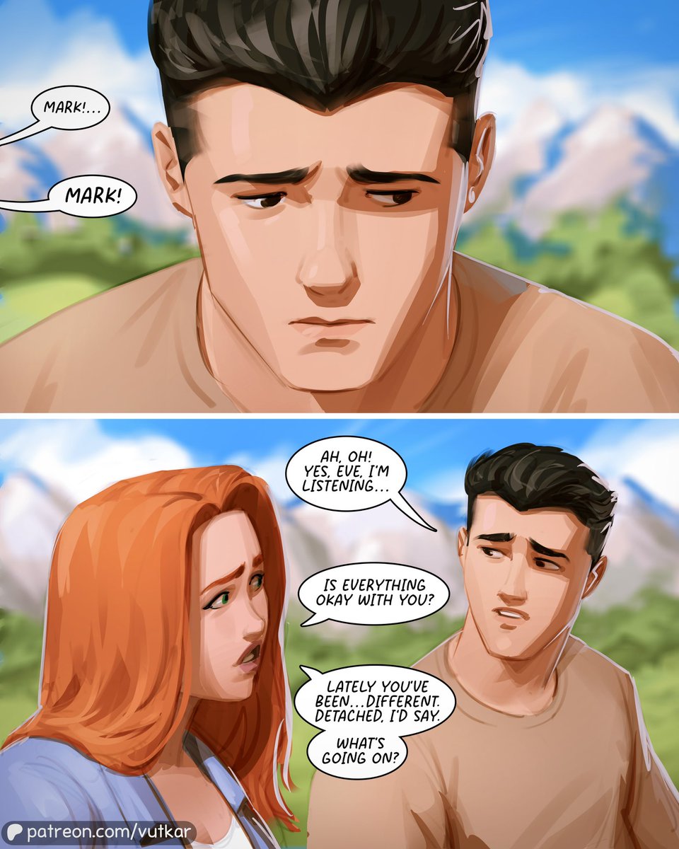 vutkarartist's tweet photo. After returning to Earth and meeting Thragg, Mark can’t find peace. The future remains uncertain for everyone, and Eve senses that something is wrong. The full mini‑comic (5 slides) is available now on my Patreon #invinciblefanart https://t.co/NpNAzUxlOe