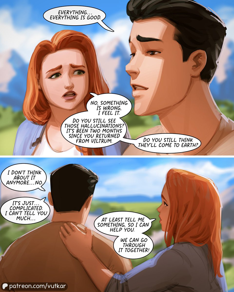 vutkarartist's tweet photo. After returning to Earth and meeting Thragg, Mark can’t find peace. The future remains uncertain for everyone, and Eve senses that something is wrong. The full mini‑comic (5 slides) is available now on my Patreon #invinciblefanart https://t.co/NpNAzUxlOe