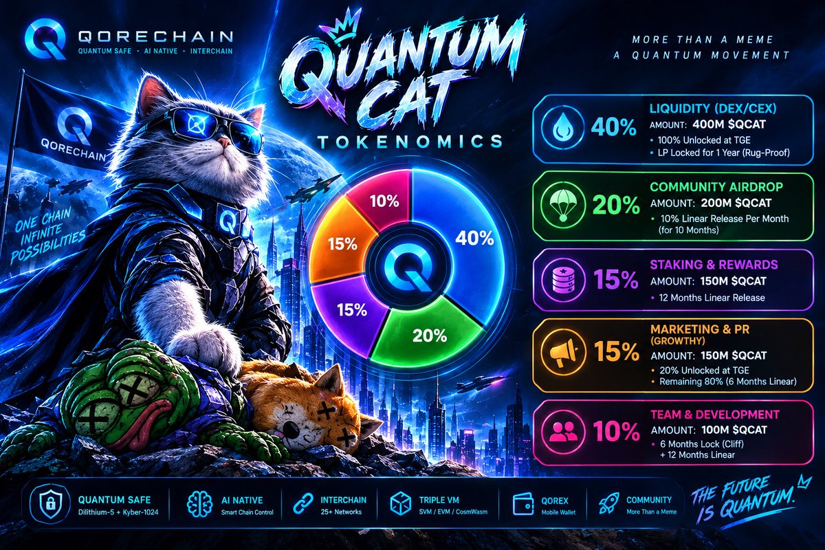 QuantumCatOfc's tweet photo. Quantum Cat ($QCAT) Tokenomics is LIVE!

​Total Supply: 1,000,000,000 $QCAT

​💎 40% Liquidity (1 Yr LP Lock)
🪂 20% Airdrop (10% Monthly)
🥩 15% Staking &amp; Rewards
📢 15% Marketing (Growthy)
🔒 10% Team (6M Cliff)

​Built on @QoreChain. The future is Quantum!
#QoreChain #Airdrop https://t.co/XVM684CziC