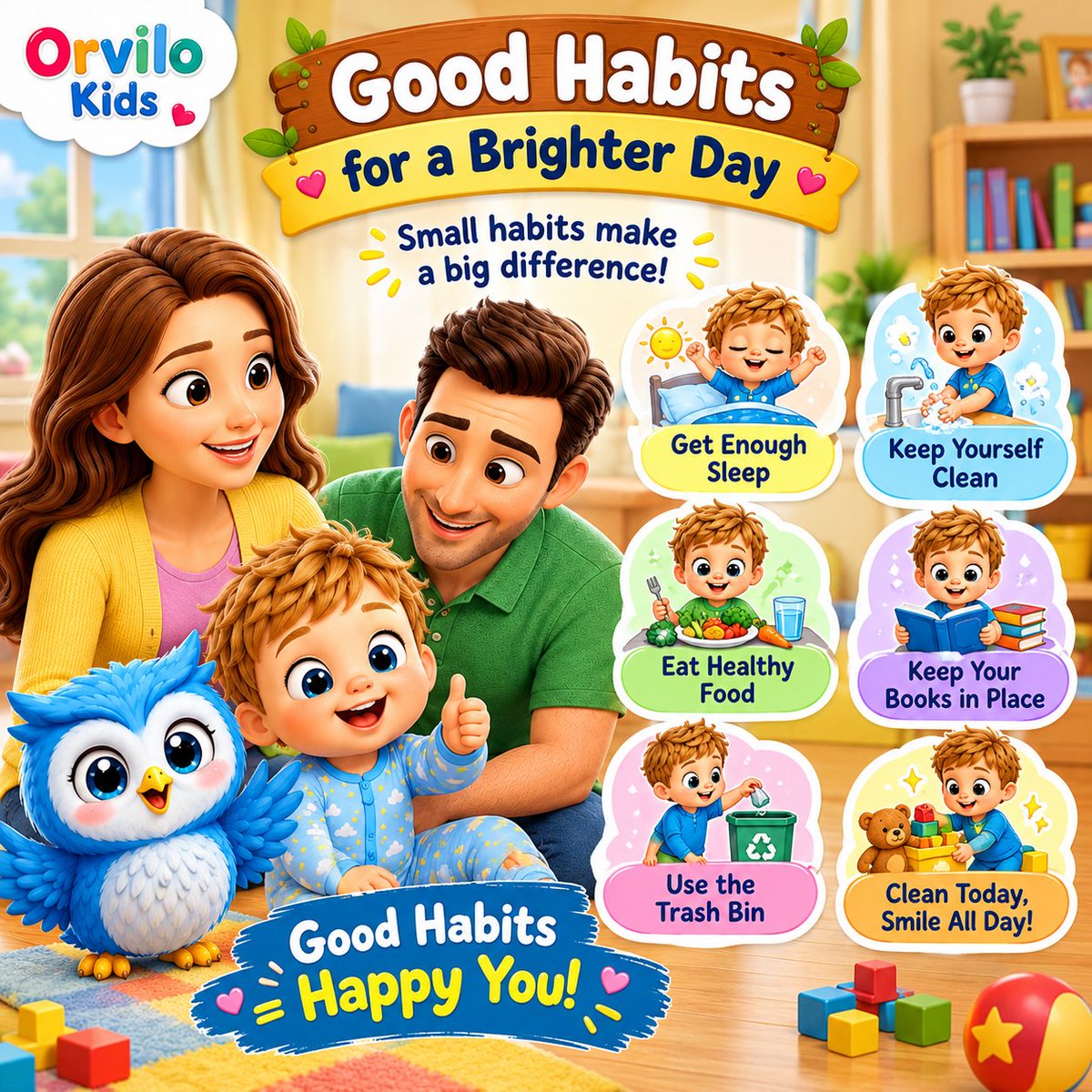 OrviloKids's tweet photo. Good Habits for Kids 🌈 | Small Habits, Big Difference! Little good habits make every day happier! 💛 Let’s learn, grow, and keep smiling with Orvilo Kids! 🧸✨ #OrviloKids #GoodHabits #KidsLearning #HealthyHabits #GoodHabitsForKids #KidsEducation https://t.co/laxMja0aof