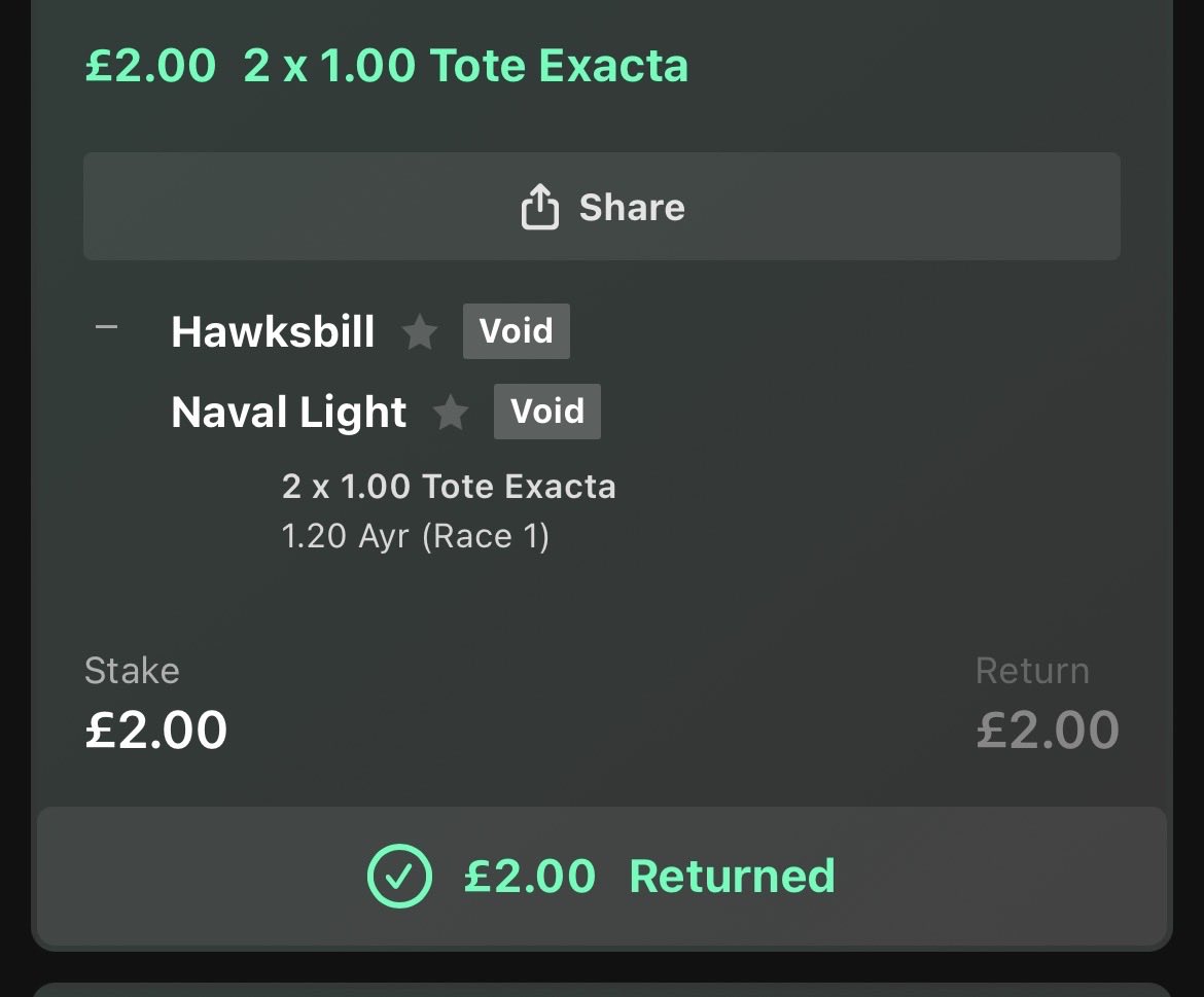 gtclaydon's tweet photo. I did 4/14 exacta in the 1:20 at Ayr which was rescheduled until 4:15, 
it won then 30 mins after the result my bet was voided @bet365 @bet365help have said this is correct, surely they have to void before the race starts or the bet stands, 
@tony_calvin @racingoncourse https://t.co/0Yiv79dYMB
