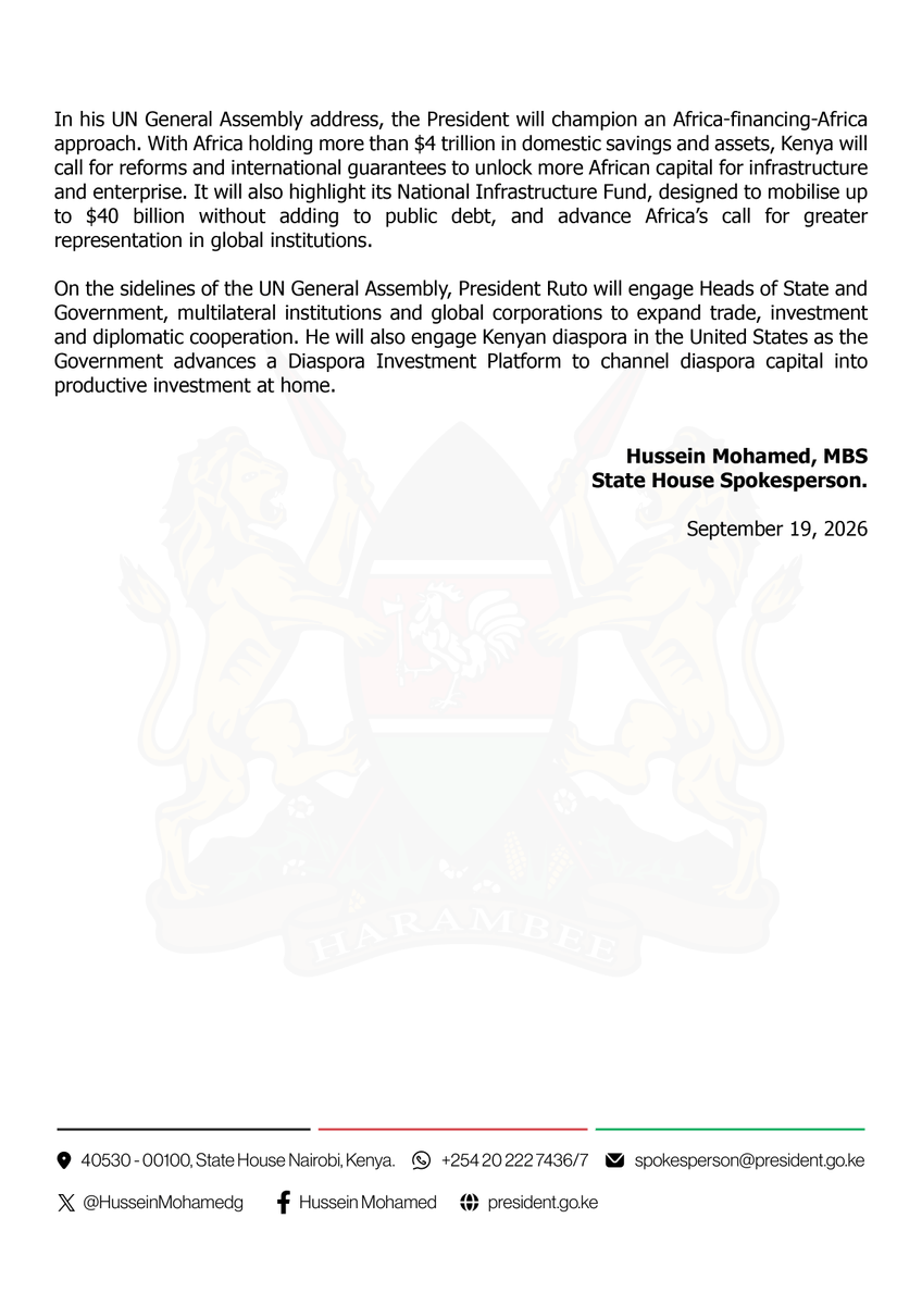 HusseinMohamedg's tweet photo. Press Release: President Ruto Heads to Unga to Drive Investment, AI and Africa-Financing-Africa Agenda https://t.co/GI1JLGKUbU