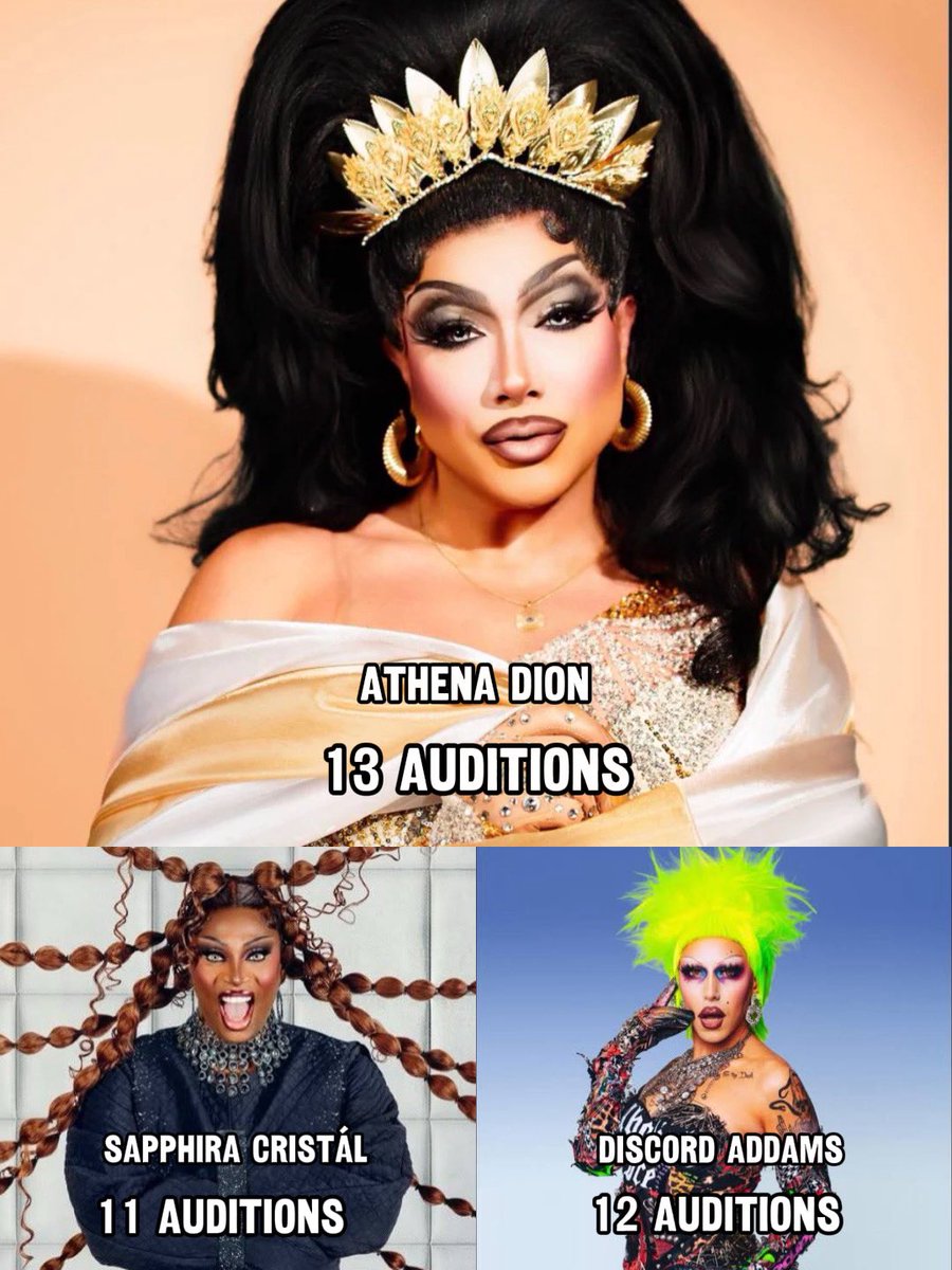 joelxver's tweet photo. Queens who auditioned the most times to get on the show.

#DragRace https://t.co/oreCul7Ze0