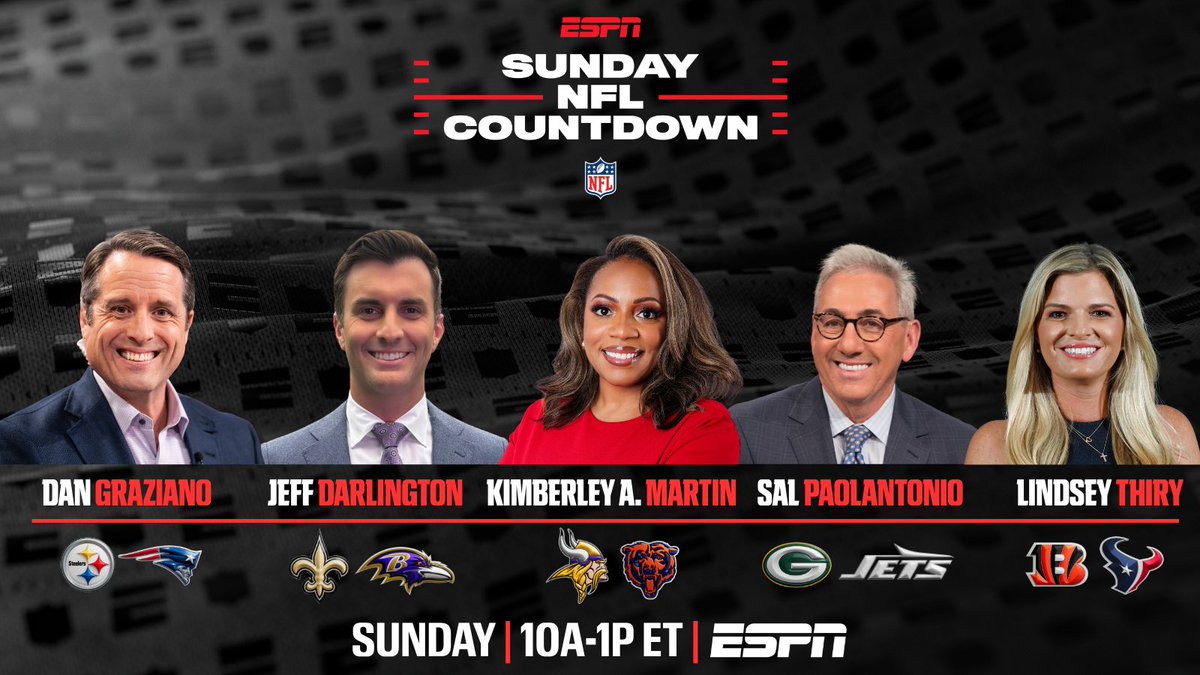ESPNPR's tweet photo. Live from stadiums across the NFL, @ESPNNFL reporters are set to deliver the latest news &amp; storylines from five of the biggest games

🏈Sunday NFL Countdown | 10a ET | ESPN https://t.co/MY4c8tFcA7