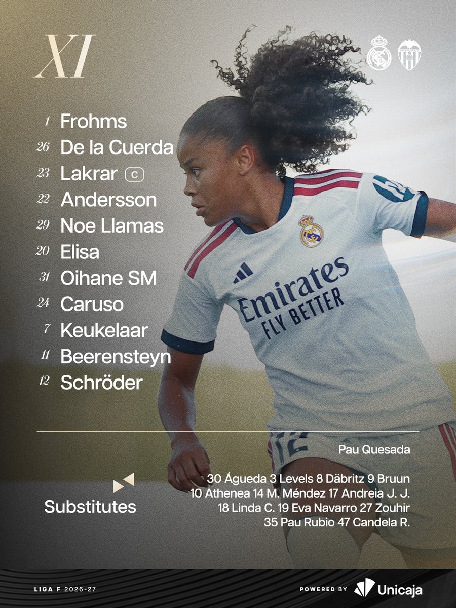 realmadridfem's tweet photo. 📋 ¡Nuestro XI inicial!
✅ Our starting XI!
🆚 @VCF_Femenino
👉 @UnicajaBanco https://t.co/Sl2orL7FDw