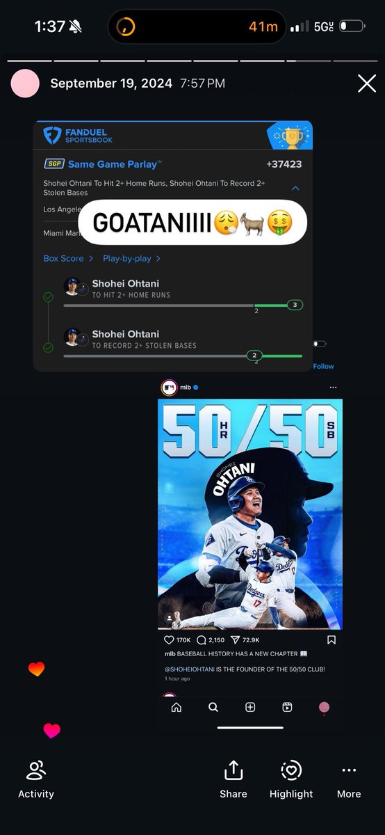 rayygotfanzzx2's tweet photo. 2 years ago today .. Ohtani started the 50/50 club &amp; cashed the whole twitter on a +37000 2 leg 😭🔥 who all caught this play ??? https://t.co/MRhdNhRU4H