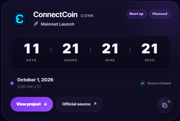 chainquiry's tweet photo. 11 days until ConnectCoin mainnet. 🚀

We just launched Chainquiry Countdowns — a live page for tracking mainnets, halvings, upgrades &amp; major crypto milestones.

@connectcoincc is first up: Oct 1.

⏳ https://t.co/icpGwLedx0 https://t.co/FaxjN0W8hb