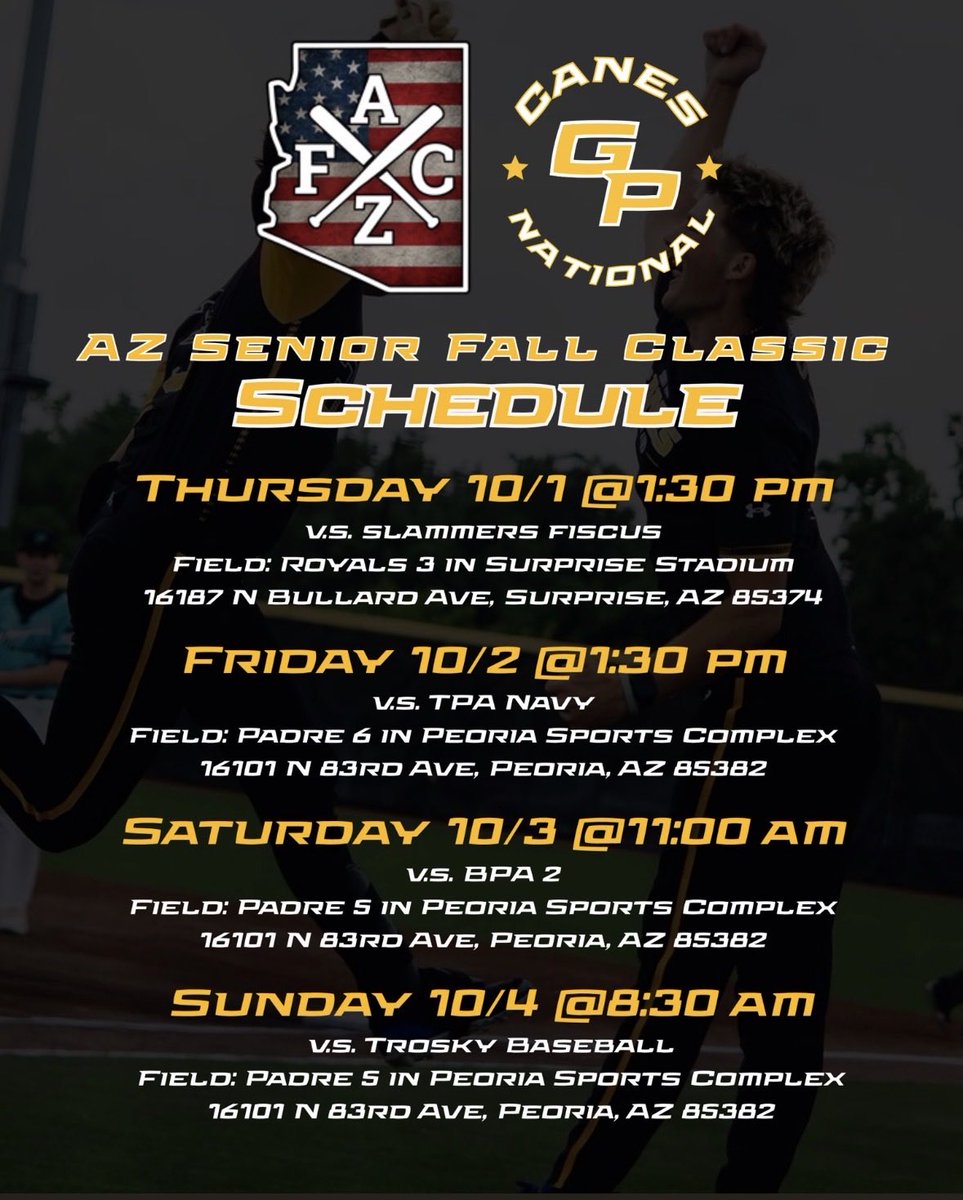 A_Kelly_14's tweet photo. My schedule for the AZ Senior Fall Classic, Oct 1-4. 

2028 C/1B | 6’0 175 | 98.9 EV | 1.87 pop | 78     C-velo @CanesColorado @thecanesgp @biesersr @ryan_strain @PrepBaseball_CO @AZFallClassic https://t.co/2oAm18ag68