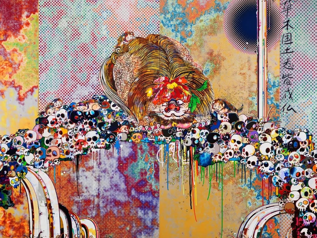 AssunaoCesar's tweet photo. Takashi Murakami’s 2011 painting Of Chinese Lions, Peonies, Skulls, And Fountains presents karajishi, lion-like animals from myth that were believed to protect sacred spaces from evil. They came from Chinese traditions and were later adopted into Jap... https://t.co/UXqc85X3ib