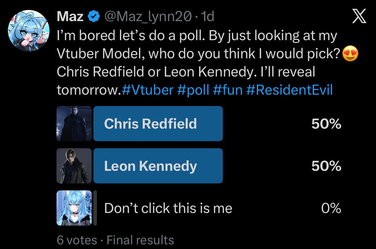 Maz_lynn20's tweet photo. It’s Time To Reveal My answers. It was 50/50 BUT MY PICK IS 🤗 #ResidentEvilㅤ #vtuber #fun #poll #Leon https://t.co/DtEFK92Mnn