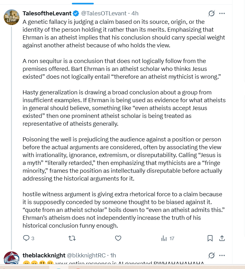blkknightRC's tweet photo. atheist author and debater @TalesOTLevant  just got exposed for using Ai and trying to pass it of as his own arguments.  #fail #atheistfail #fraud #debate #fake #loser #ai #religion https://t.co/7Jflzeqbzl