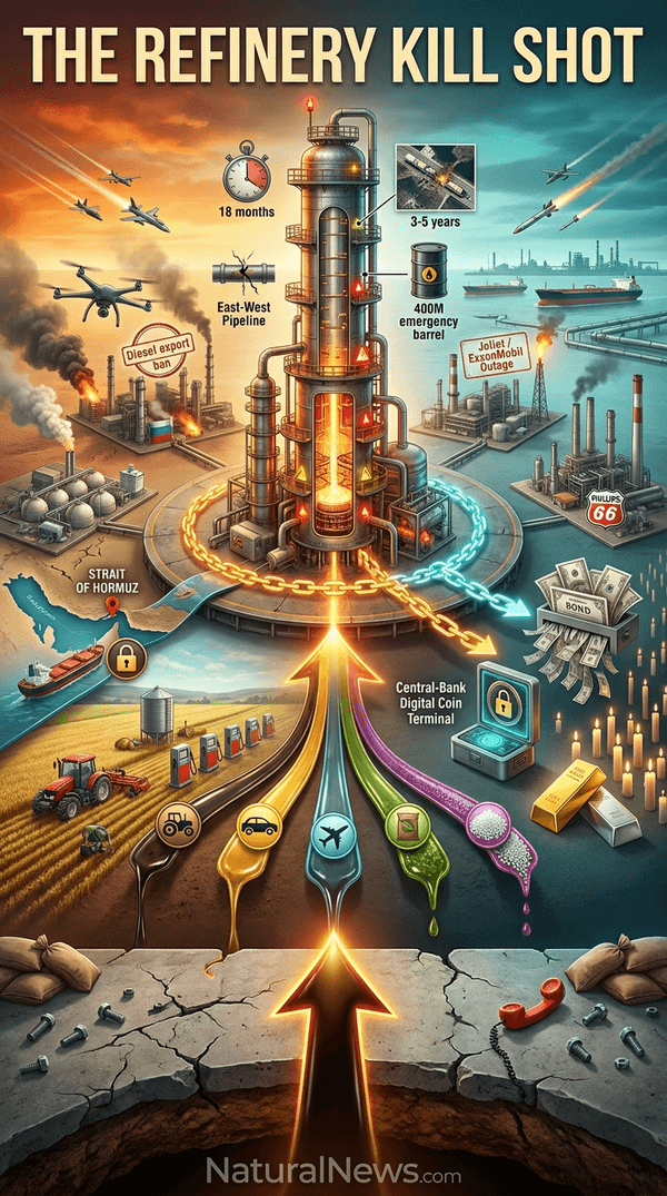 HealthRanger's tweet photo. The refinery kill shot. New AI infographic depicting the factors at play with the seemingly deliberate destruction of refineries around the globe. https://t.co/adutHZr6rI