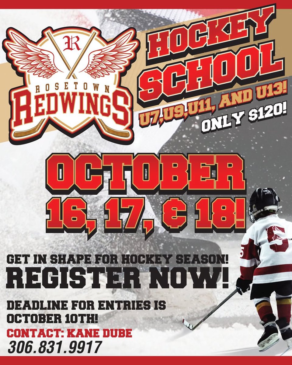 RRedwings's tweet photo. Only $120 for the entire weekend to get warmed up for the coming hockey season with your Crossroads Hockey League Champion #WINGS!

register online here: https://t.co/ZAgWlFnGhz

Deadline to enter is October 10th, contact Kane Dube at 306.831.9117 for more information! https://t.co/m3FOXoPpv1
