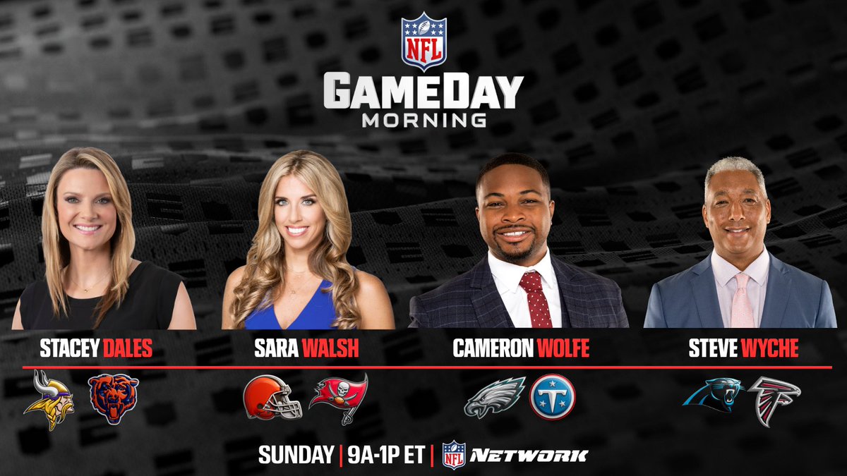 ESPNPR's tweet photo. Live from stadiums across the league on GameDay Morning, @NFLNetwork reporters bring fans the latest leading up to kickoff:

📍 Stacey Dales – Chicago 
📍 Sara Walsh – Tampa 
📍 Cameron Wolfe – Nashville 
📍 Steve Wyche – Atlanta https://t.co/sRhTsJalSv