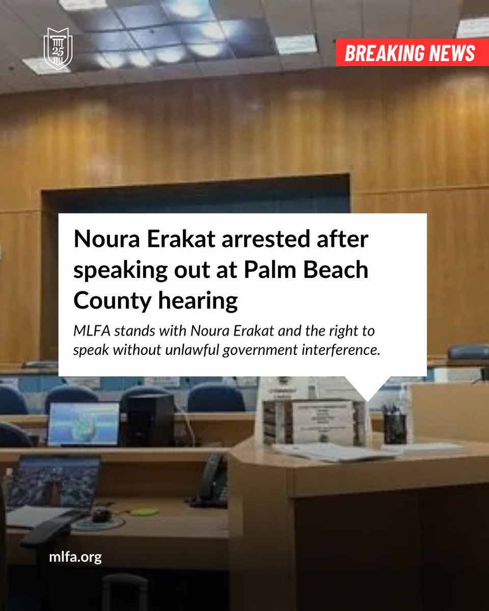 MLFA's tweet photo. Noura Erakat was arrested after speaking at a Palm Beach County budget hearing where residents challenged the county’s more than $1 billion investments in Israel Bonds.​

MLFA stands with Noura and with the right of communities to speak and participate in public proceedings. https://t.co/npz3m0ERQh