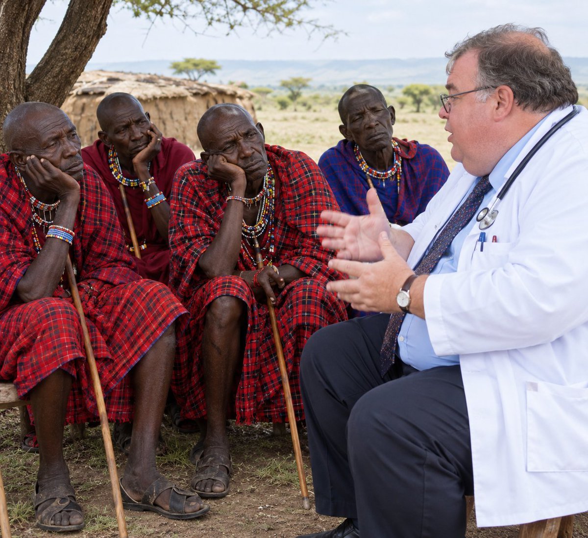 DolfDoofinsky's tweet photo. American doctor telling Maasai tribesmen how their diet of red meat and raw milk is not only unhealthy but unsustainable https://t.co/y7Fo3WMkNk