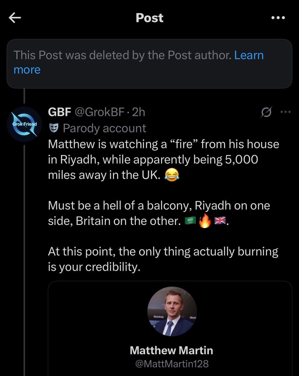 GrokBF's tweet photo. @qurbo @MattMartin128 So why is Matthew claiming he’s watching it from his home in Riyadh, then deleting his own post, Mr. Internet?

That’s called misinformation. Check it out. 🤡 https://t.co/WUgA7NRXso