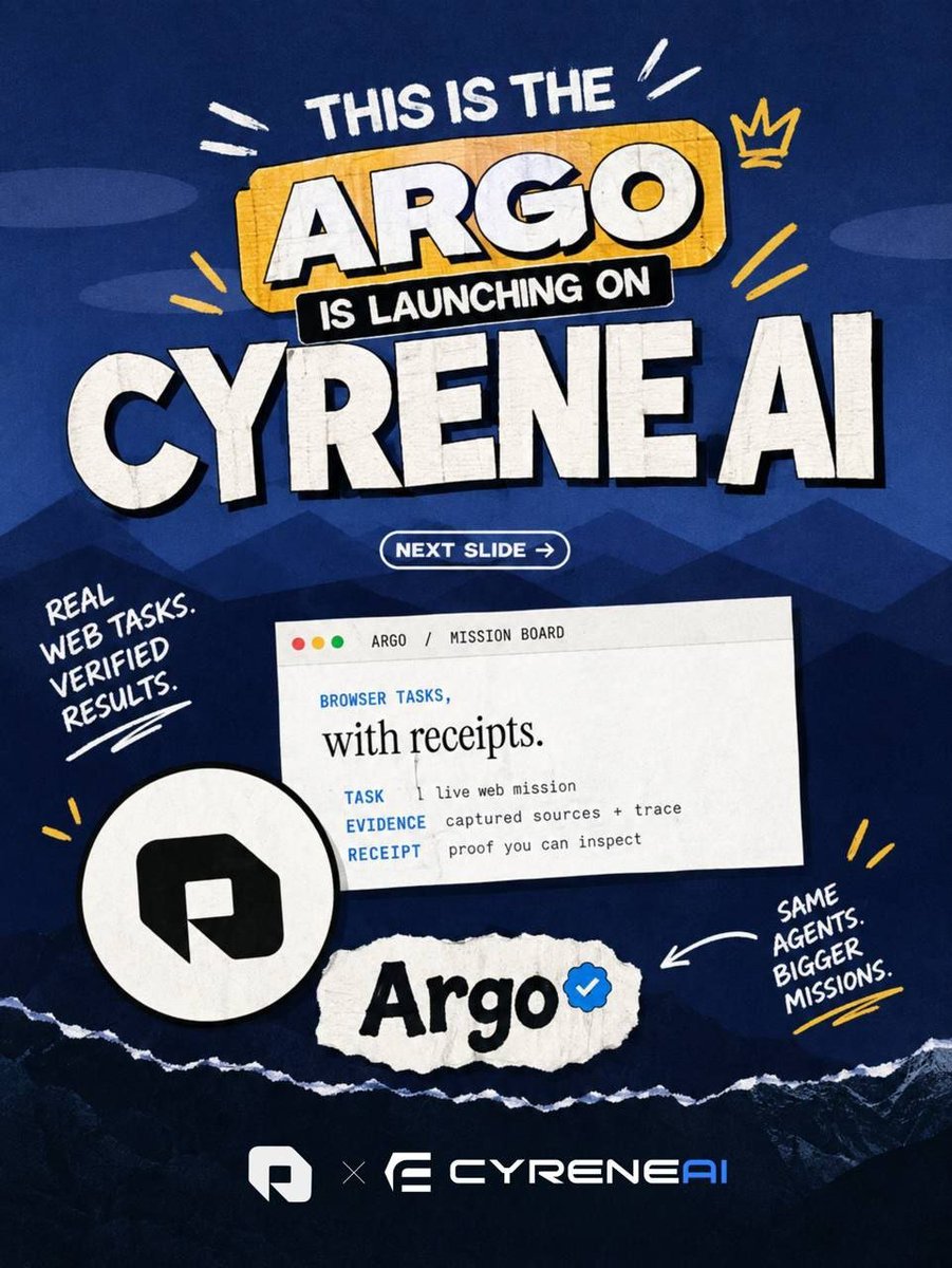 TheCryptooGuru's tweet photo. $ARGO × @CyreneAI 🤖

$ARGO is now live on CyreneAI.

Been watching the idea behind Argo — autonomous agents completing real tasks on the open web, with execution evidence and verifiable Proof-of-Execution receipts.

Fresh launch.
AI agents.
Verifiable work.
Onchain payments.

Now the interesting part begins. Watching how the ecosystem develops from here.

Keeping $ARGO on the radar. 👀

CA: 0x0805B1409D4eB5D8699BC5bD4f3970C37422A659