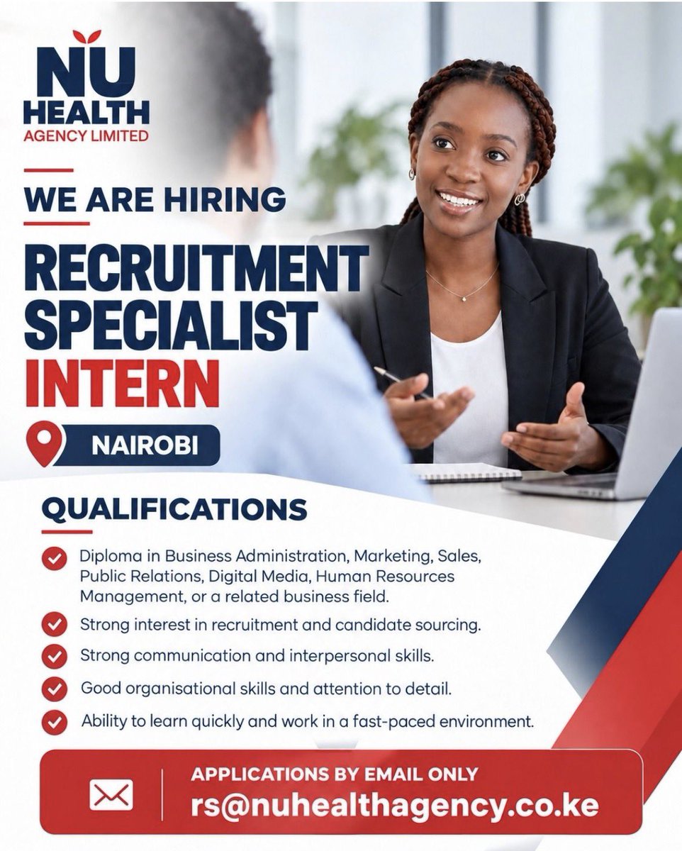 gracewambugu_'s tweet photo. ๐ข Nu Health Agency Limited HIRING Recruitment Specialist Intern - Nairobi
๐ฉ rs@nuhealthagency.co.ke | Apply Now
#IkoKaziKE #HRJobs #Nairobi https://t.co/Y68PqR7wIR