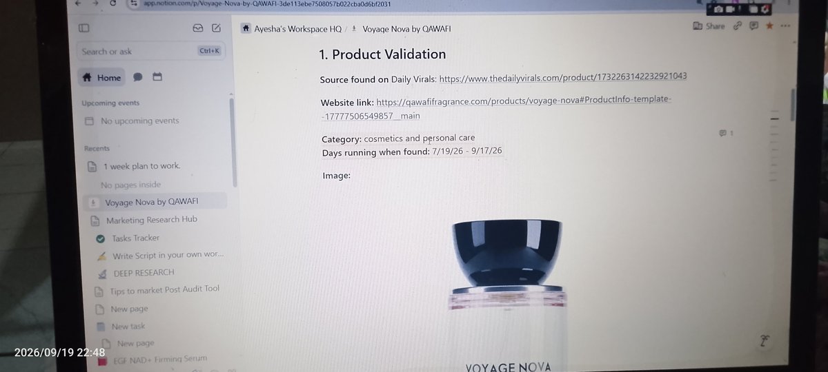 Aysha_her's tweet photo. Today's task done ✅ 

Completed product validation of Voyage Nova Perfume.

Tomorrow task:
Deep product research and audience research. https://t.co/ExUpdUyoRA