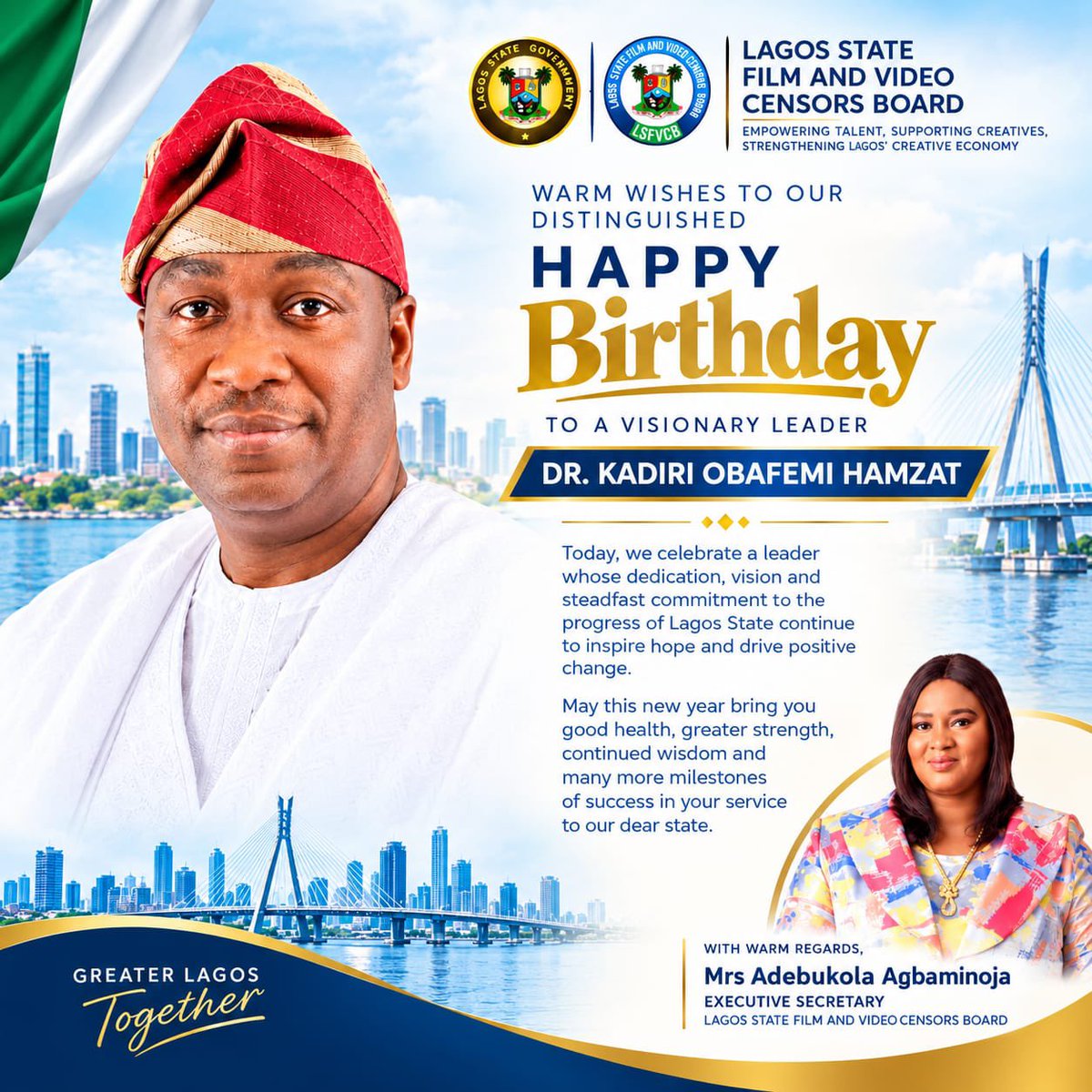 LagosVideo's tweet photo. Happy Birthday to our Distinguished Deputy Governor of Lagos State, Dr. Kadri Obafemi Hamzat
On behalf of the Management and Staff of the LSFVCB, we celebrate your exceptional leadership &amp; support for the creative industry. Wishing you good health, joy &amp; success https://t.co/cRIzqJPp1c