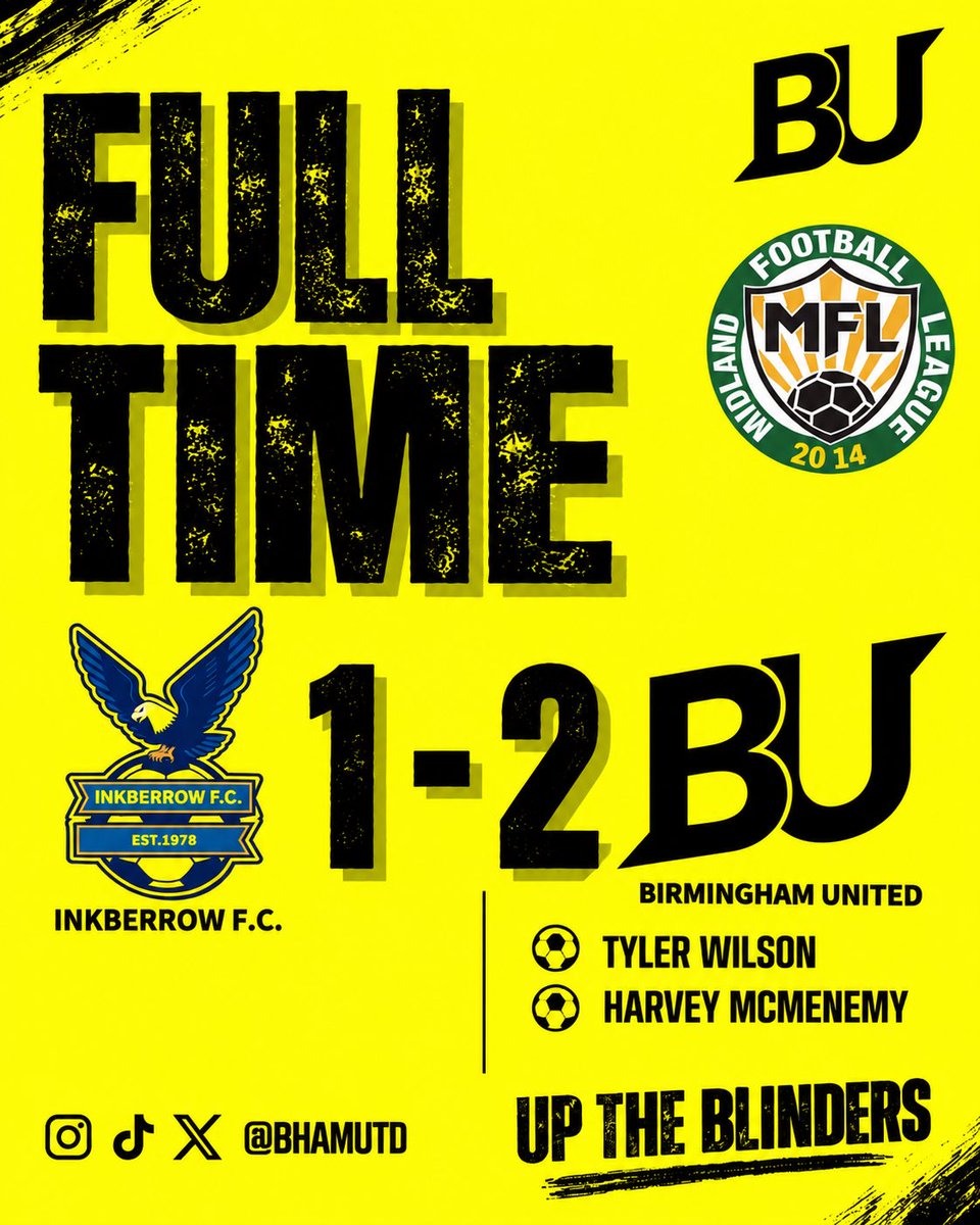 BUFCFirst's tweet photo. FULL TIME 🟡⚫

A hard-fought afternoon ends in a 1–2 victory for BU on the road! 💪

⚽ Tyler Wilson
⚽ Harvey McMenemy

Another three points for the Blinders. 💛🖤

UP THE BLINDERS! 🦅🔥

#BU #nonleague #mfl https://t.co/yQSMS42Abn