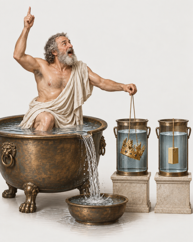 Math_files's tweet photo. According to the Roman architect Vitruvius, King Hiero II of Syracuse commissioned a goldsmith to make a votive crown from a specified amount of gold. The finished crown had the same weight as the gold supplied, but Hiero suspected that the goldsmith had secretly substituted some silver for gold.

Hiero asked Archimedes to determine whether the crown had been adulterated without damaging it.

The traditional story says that Archimedes struggled with the problem because the crown's irregular shape made its volume difficult to determine. Then, while entering a bath, he noticed that immersing his body caused water to overflow. He realized that the amount of displaced water corresponded to the volume of the submerged part of his body.

According to Vitruvius, Archimedes then compared the crown with equal-weight samples of pure gold and silver by measuring the amount of water displaced. Because silver is less dense than gold, a gold-silver mixture of the same mass would occupy a greater volume and therefore displace more water than an equal mass of pure gold. The comparison reportedly revealed that silver had been mixed into the crown.

Vitruvius also says that Archimedes, overcome with excitement, ran home naked shouting “Eureka!”, Greek for “I have found it.”

The famous story is an ancient account rather than a directly documented eyewitness record. It is traditionally associated with Archimedes' work on buoyancy and fluid displacement, now expressed in what is known as Archimedes' principle.