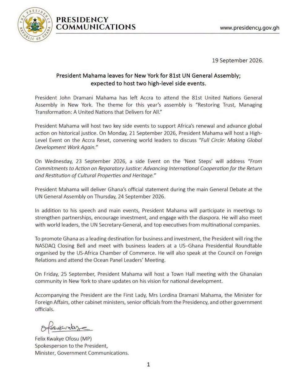 FelixKwakyeOfo1's tweet photo. President Mahama leaves for 81st UN General Assembly. https://t.co/iWa0xuOH3b