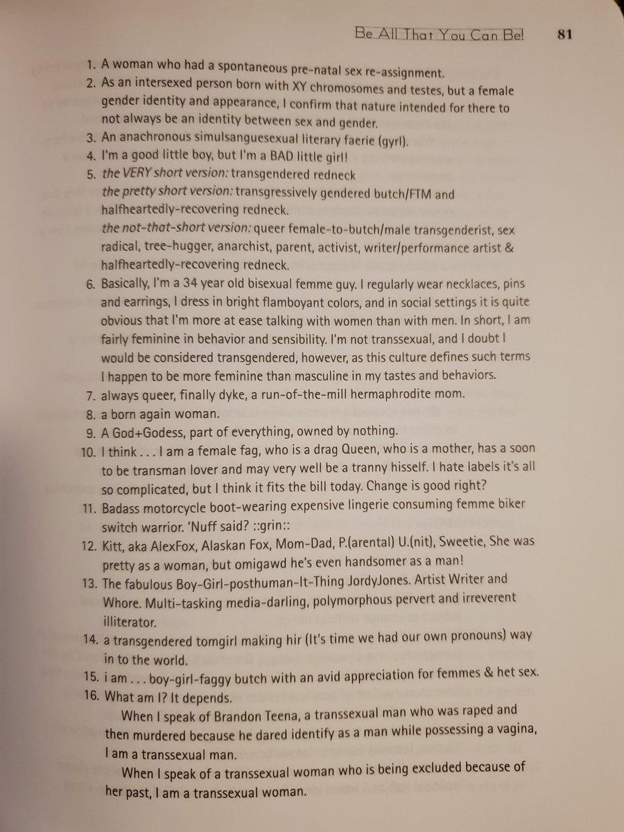 butchbishonen's tweet photo. With all this lesbian separatist rhetoric going around, I'd like to remind y'all just how far into cisheterostandards we've regressed. From My Gender Workbook, published in 1997, please read how 100 queer people described themselves: https://t.co/cgF9H9rBao