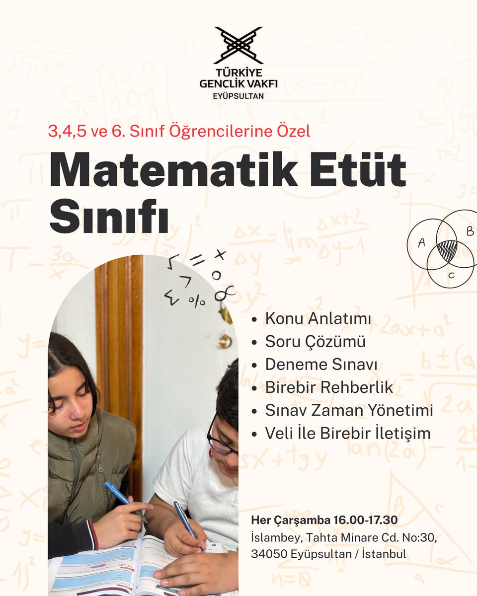 EyupsultanTUGVA's tweet photo. 📚✏️Matematik, ezberlenen formüllerden değil; doğru düşünmeyi öğrenmekten başlar. 

Öğrencilerimizin matematiği yalnızca çözmesini değil, anlamasını, yorumlamasını ve özgüvenle ilerlemesini hedefliyoruz.🎯

🗓 Her Çarşamba | 16.00–17.30
📍 TÜGVA Eyüpsultan İlçe Temsilciliği https://t.co/Q67i6rdeXO