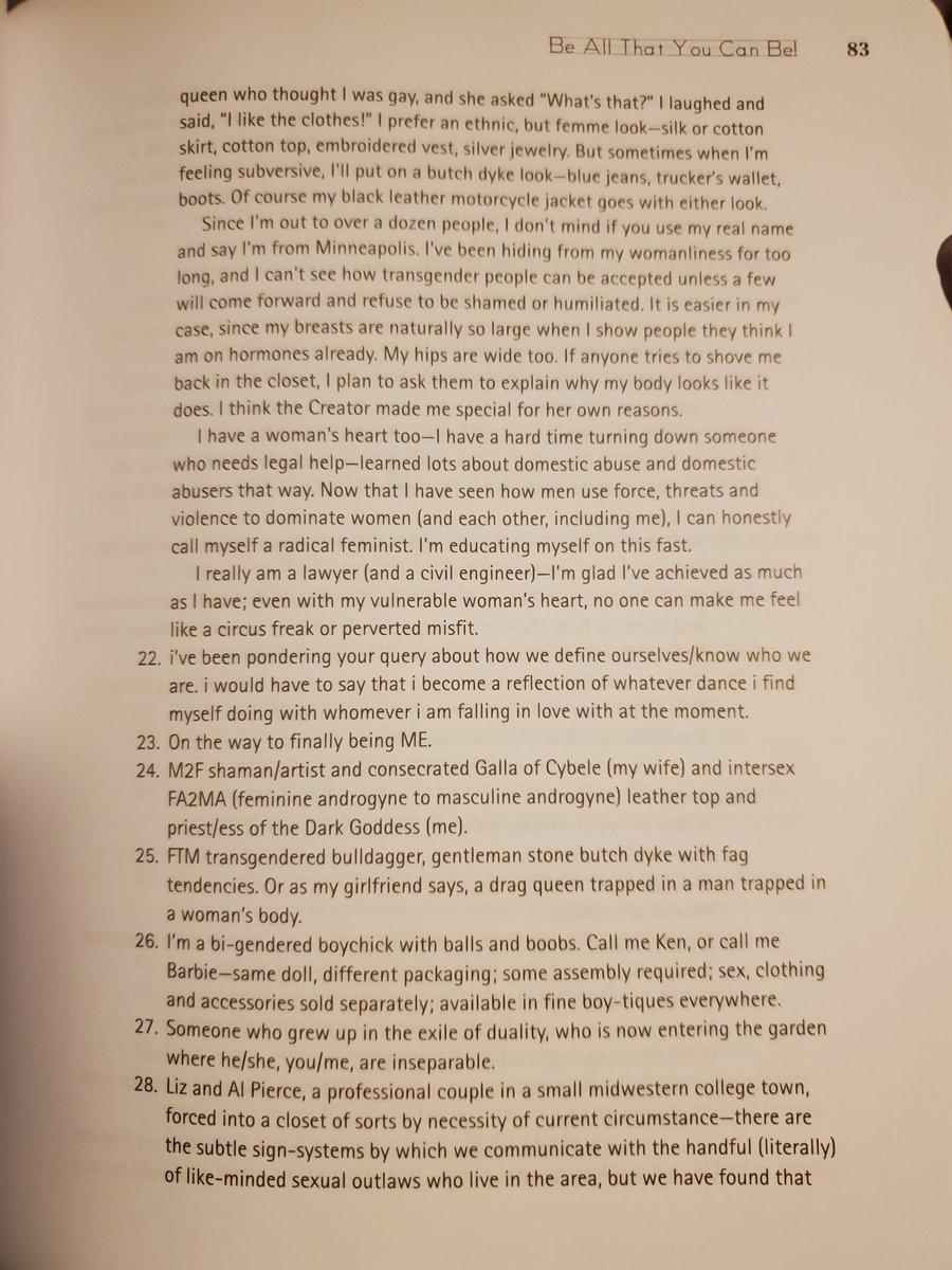 butchbishonen's tweet photo. With all this lesbian separatist rhetoric going around, I'd like to remind y'all just how far into cisheterostandards we've regressed. From My Gender Workbook, published in 1997, please read how 100 queer people described themselves: https://t.co/cgF9H9rBao