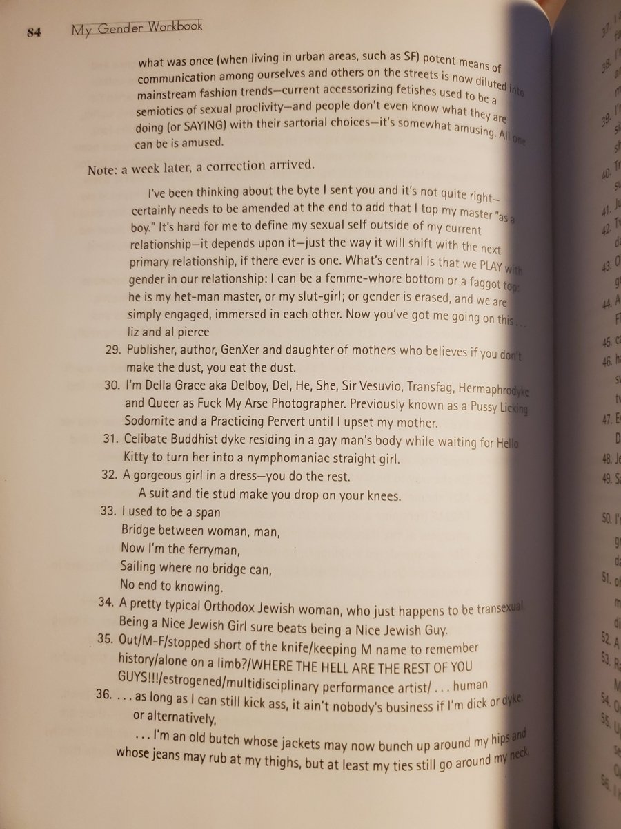 butchbishonen's tweet photo. With all this lesbian separatist rhetoric going around, I'd like to remind y'all just how far into cisheterostandards we've regressed. From My Gender Workbook, published in 1997, please read how 100 queer people described themselves: https://t.co/cgF9H9rBao