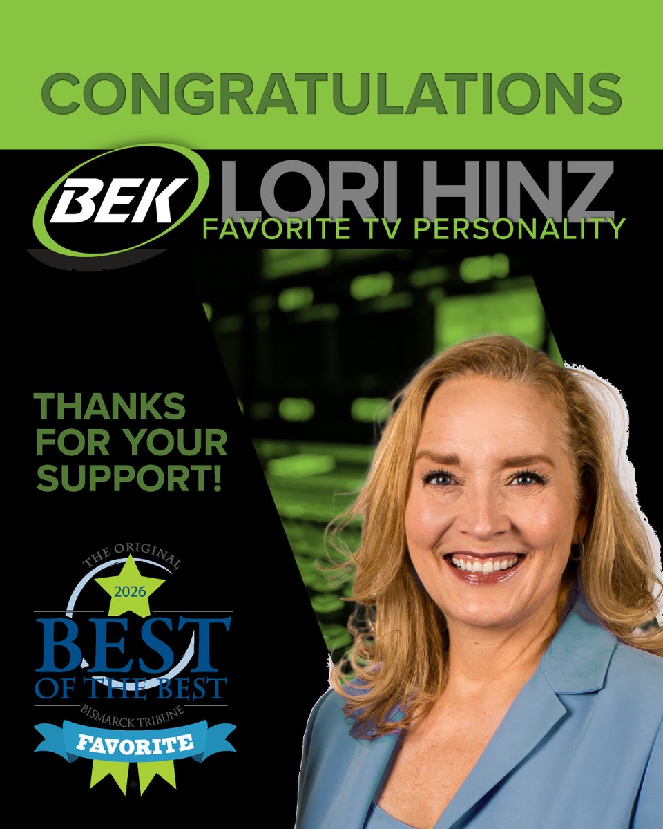 BEKSports's tweet photo. Congratulations to Lori Hinz — named a Favorite in Best TV Personality in the 2026 Bismarck Tribune's Best of the Best! 🎉 

It's well-earned nod for a familiar face this region trusts.

#BestOfTheBest #BEKTV #BismarckTribune #LocalTV #NorthDakota #GoLocal https://t.co/M78pj49bhq