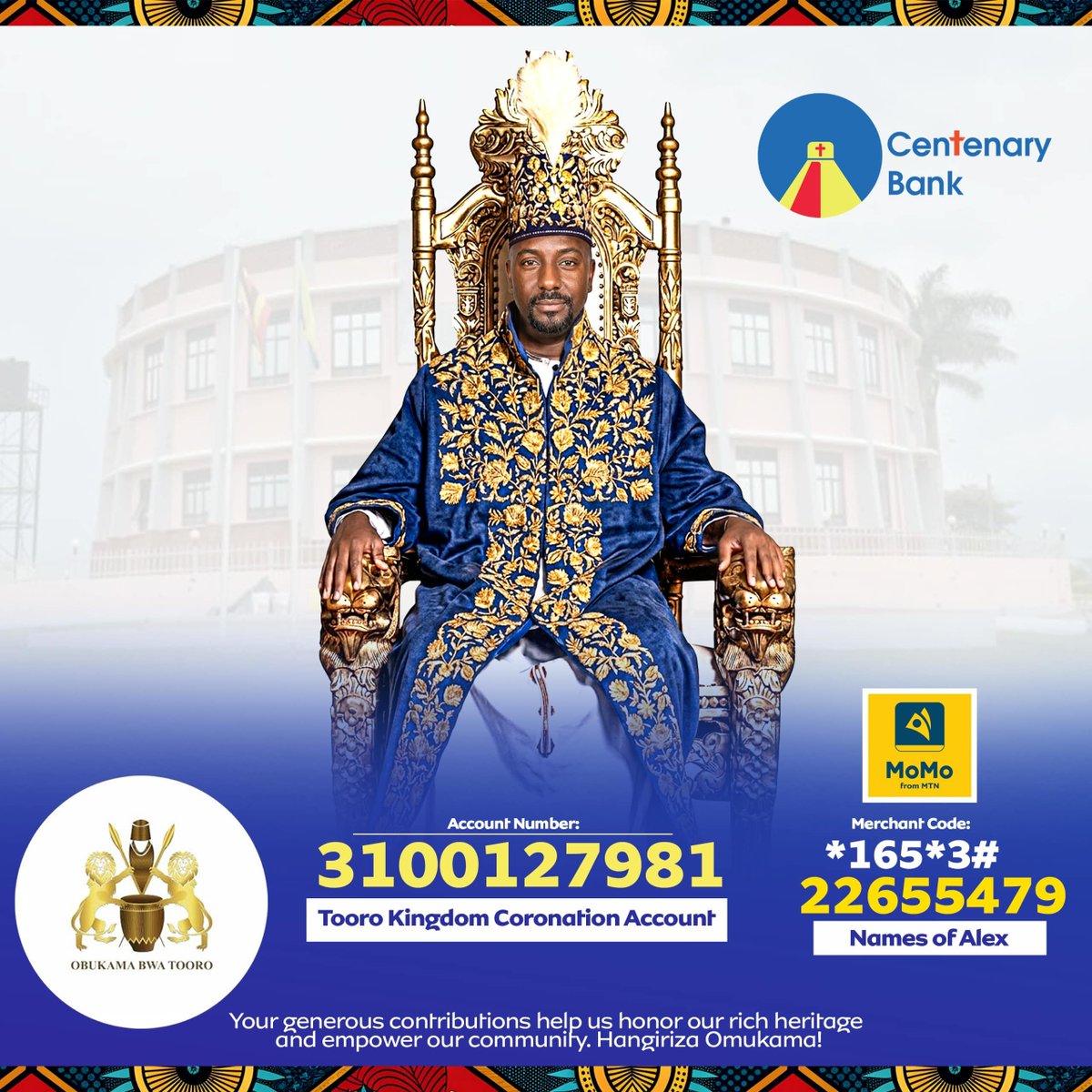 WycliffeJohnM's tweet photo. On 29th September 2026, the Coronation Ceremony of the new King of Tooro, Edward Rukidi Nyabongo I, will take place at Karuzika Palace.
Join us in making this historic occasion a colourful and memorable one by contributing towards the ceremony through the accounts below. https://t.co/PRNmSc2ECv
