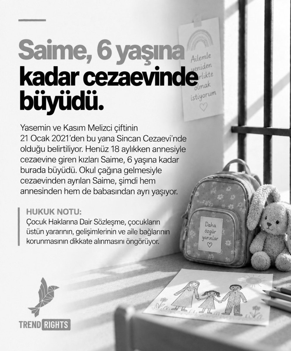 sedatceylann's tweet photo. Çocuk Hakları Sözleşmence
“çocuğun üstün yararı"esastır

Saime’nin anne-babasından ayrılması,eğitim ve gelişim hakkı ile aile bütünlüğünün korunması denetimli serbestlik gibi alternatif hukuki tedbirlerin değerlendirilmesini gerektirir

CezaevindeÇocuk Olmak https://t.co/yVSqNbMQlT