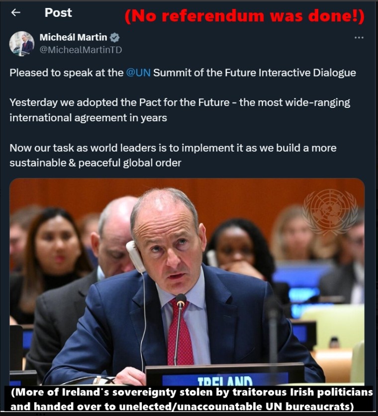 Maximil86429959's tweet photo. This one sentence by this traitor should have being enough for him to resign. Bunreacht na hÉireann/Constitution of Ireland is very clear about Irish sovereignty. If this man is not willing uphold the Constitution then he's not fit to govern &amp; has no place in Irelands govt.👇👇👇 https://t.co/17MgFF4LVU