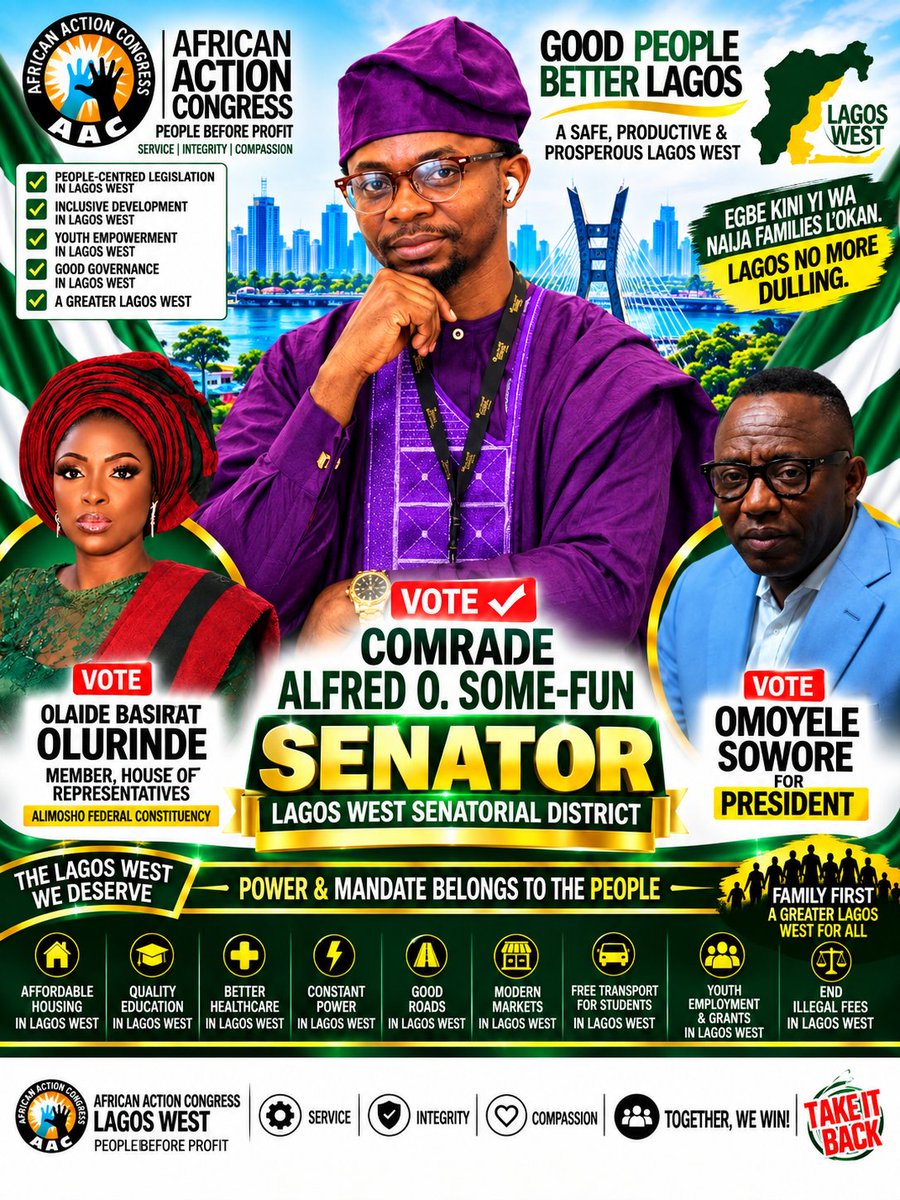 NEWSSKYTVRepo's tweet photo. Journey So far .......
VOTE: COMRADE ALFRED O. SOME-FUN SENATOR LAGOS WEST SENATORIAL DISTRICT AFRICAN ACTION CONGRESS (AAC)

TAKE IT BACK.....
#AlfredSomefun4SenatorLagosWest
#AAC https://t.co/SrzhJ496zg