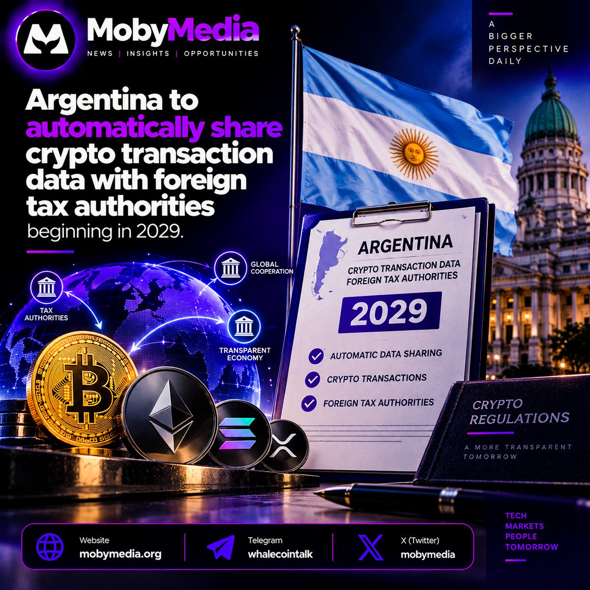 mobymedia's tweet photo. Crypto tax transparency is going global.
Argentina will reportedly begin automatically sharing crypto transaction data with foreign tax authorities in 2029. 

Another sign that governments are increasing cross-border oversight of digital assets. https://t.co/Z5IxZ9h5HF