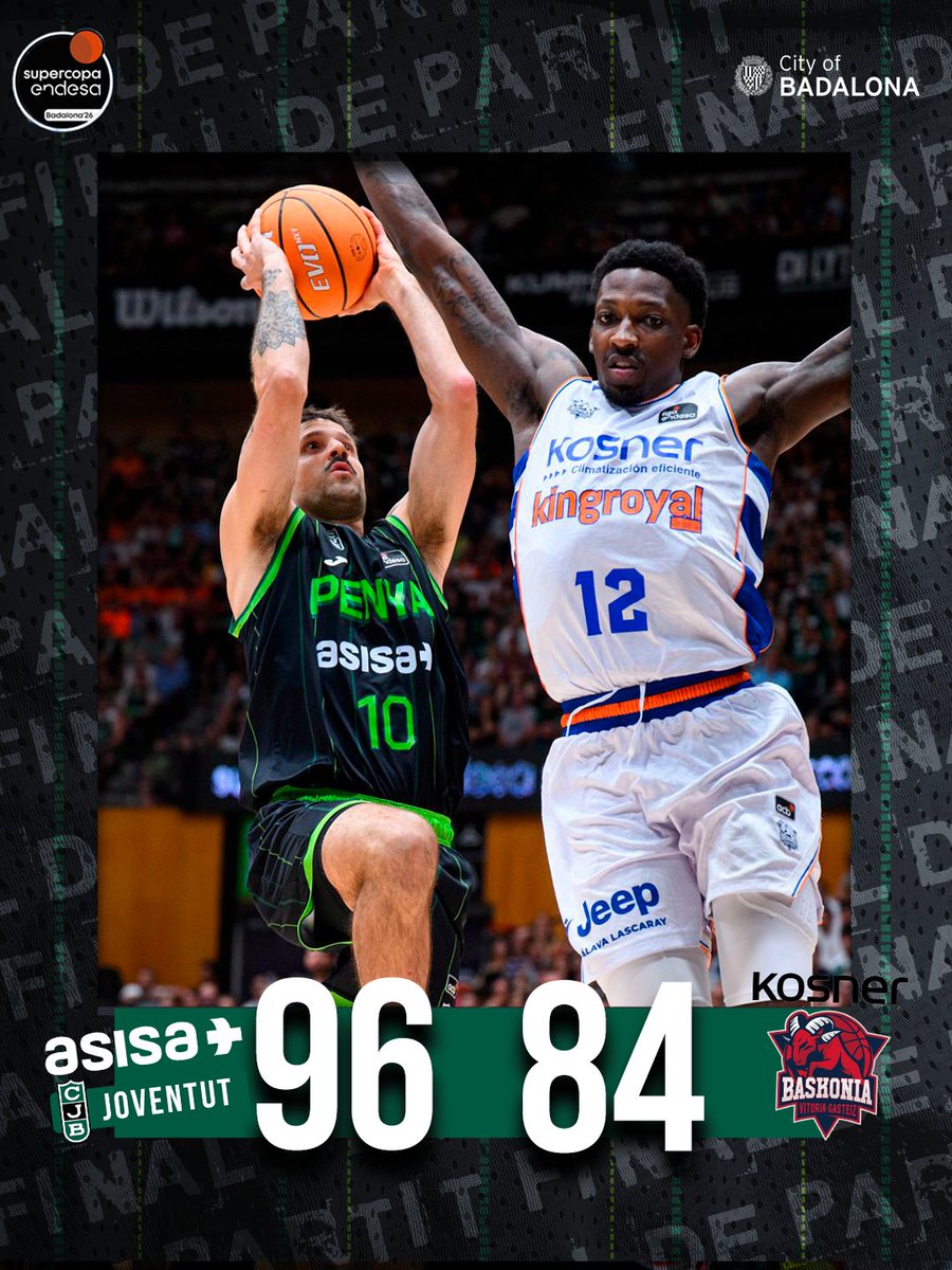 Penya1930's tweet photo. 🔚  VICTÒRIA... I A LA FINAL DE LA SUPERCOPA! 

@Penya1930 96-84 @Baskonia 

🎯 Nico Laprovittola: 27 punts

🫡 UN PARTIT MÉS, PENYER@S. UN MÉSSSS! 

#CityOfBadalona #ASISAJoventut https://t.co/ZGqJnTqoRQ